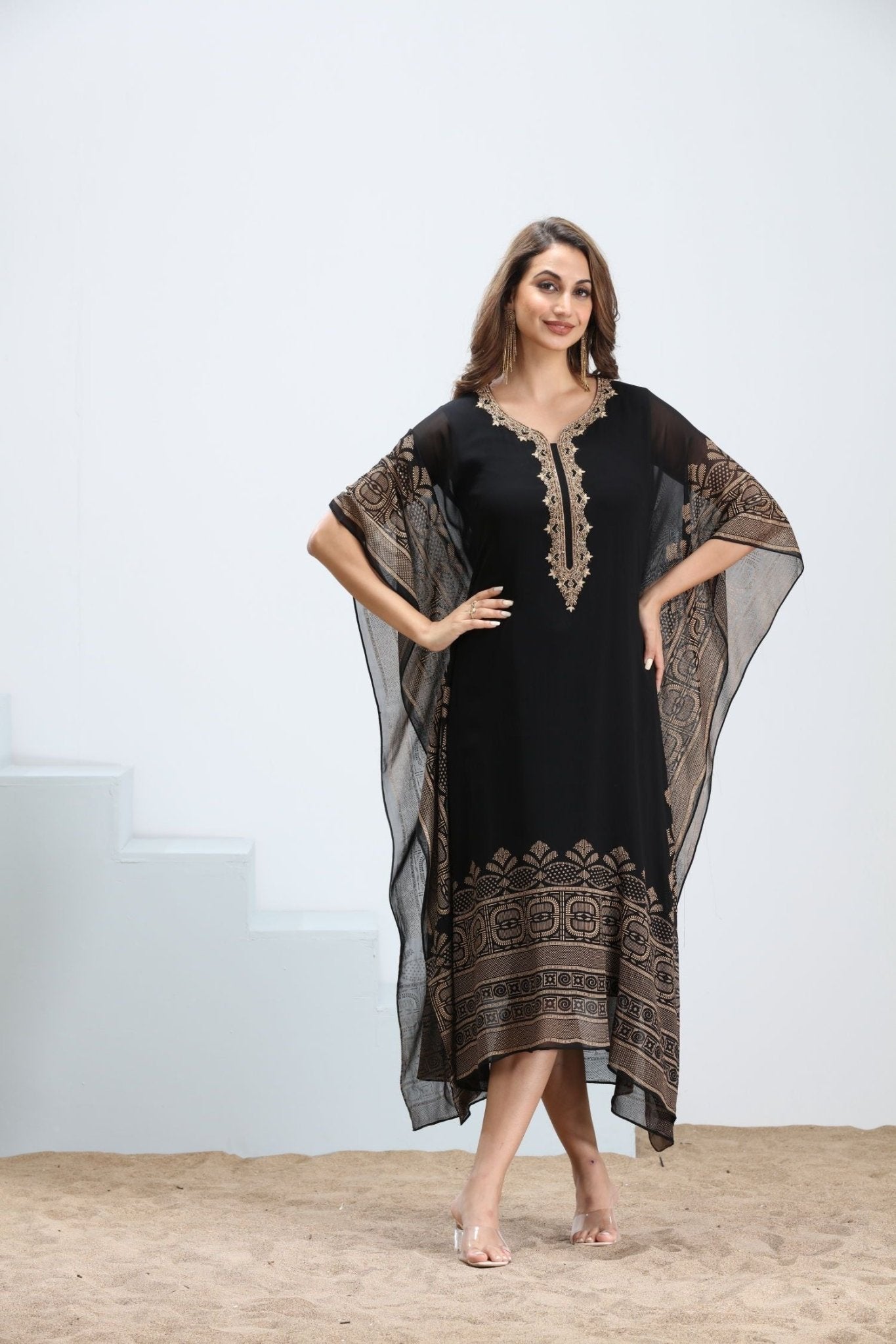 Golden Grace Viscose Embroidered Kaftan - Freyaa USA & Canada