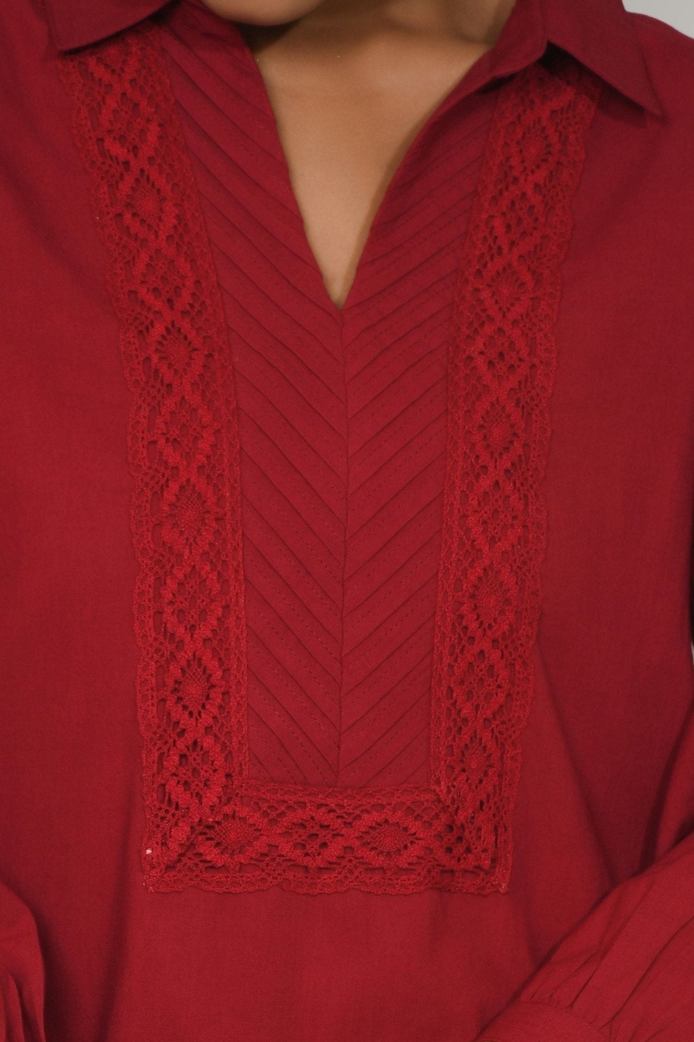 Red Collared Cord Set with Handwork Detail - Freyaa USA & Canada