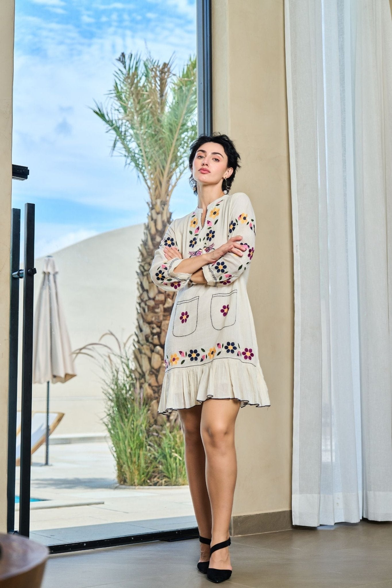 Off-White Tunic with Graceful Floral Print Detailing - Freyaa USA & Canada