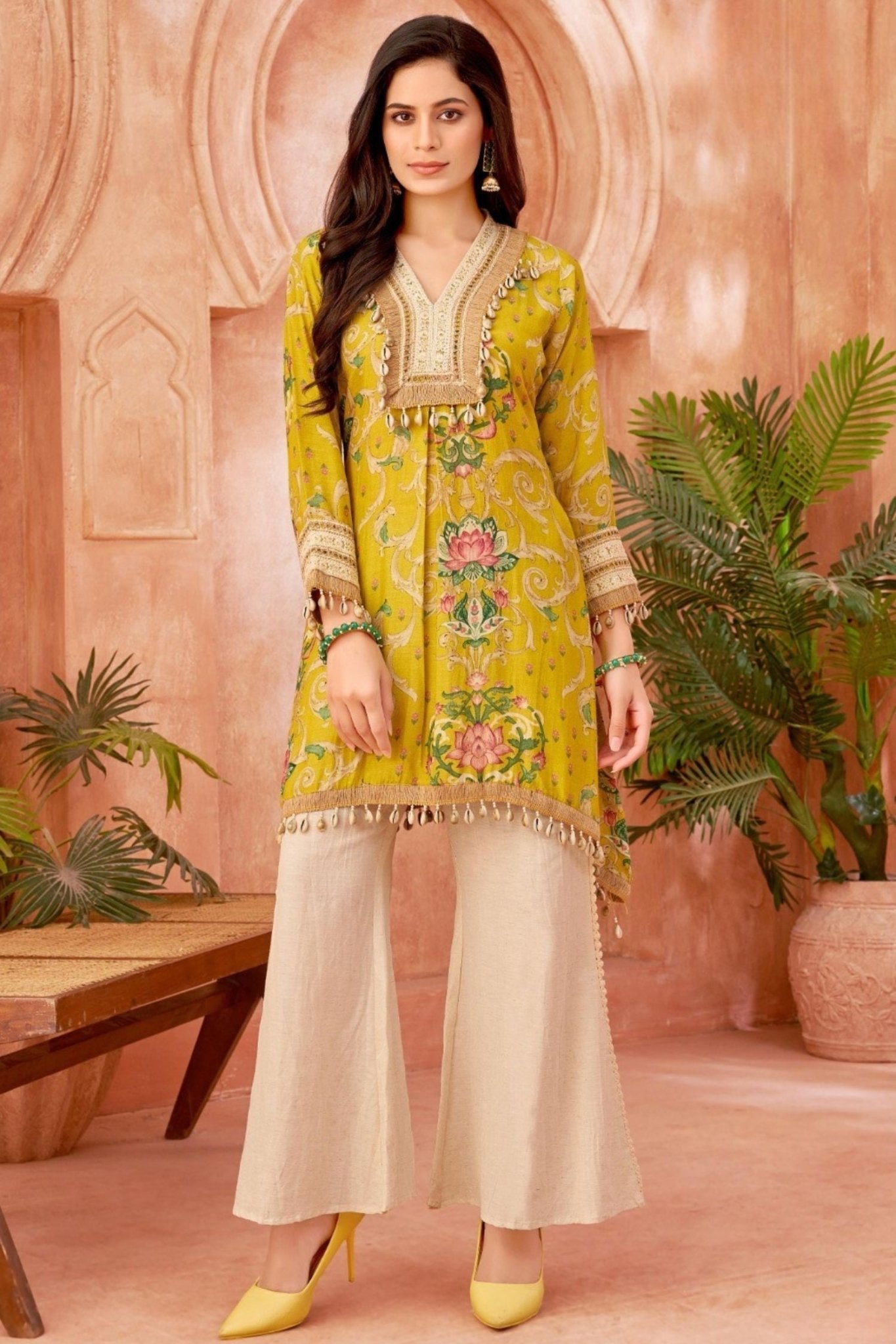 Embroidered Parrot Green Cord Set With Kodi Neckline with Beige Pants - Freyaa USA & Canada
