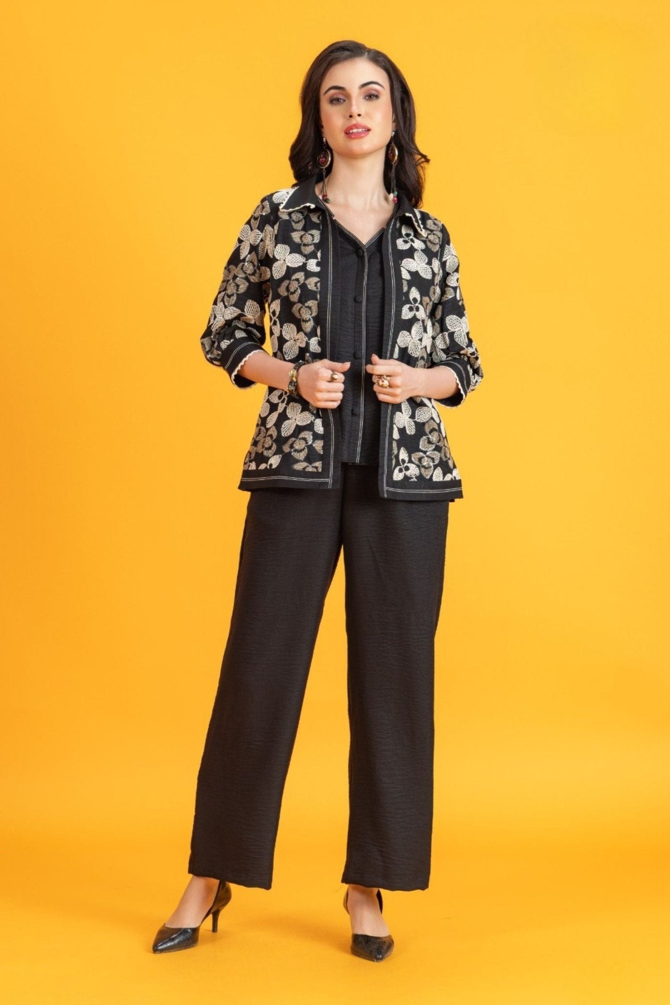 Black Cotton Cord Set with Printed Jacket and Solid Pants - Freyaa USA & Canada
