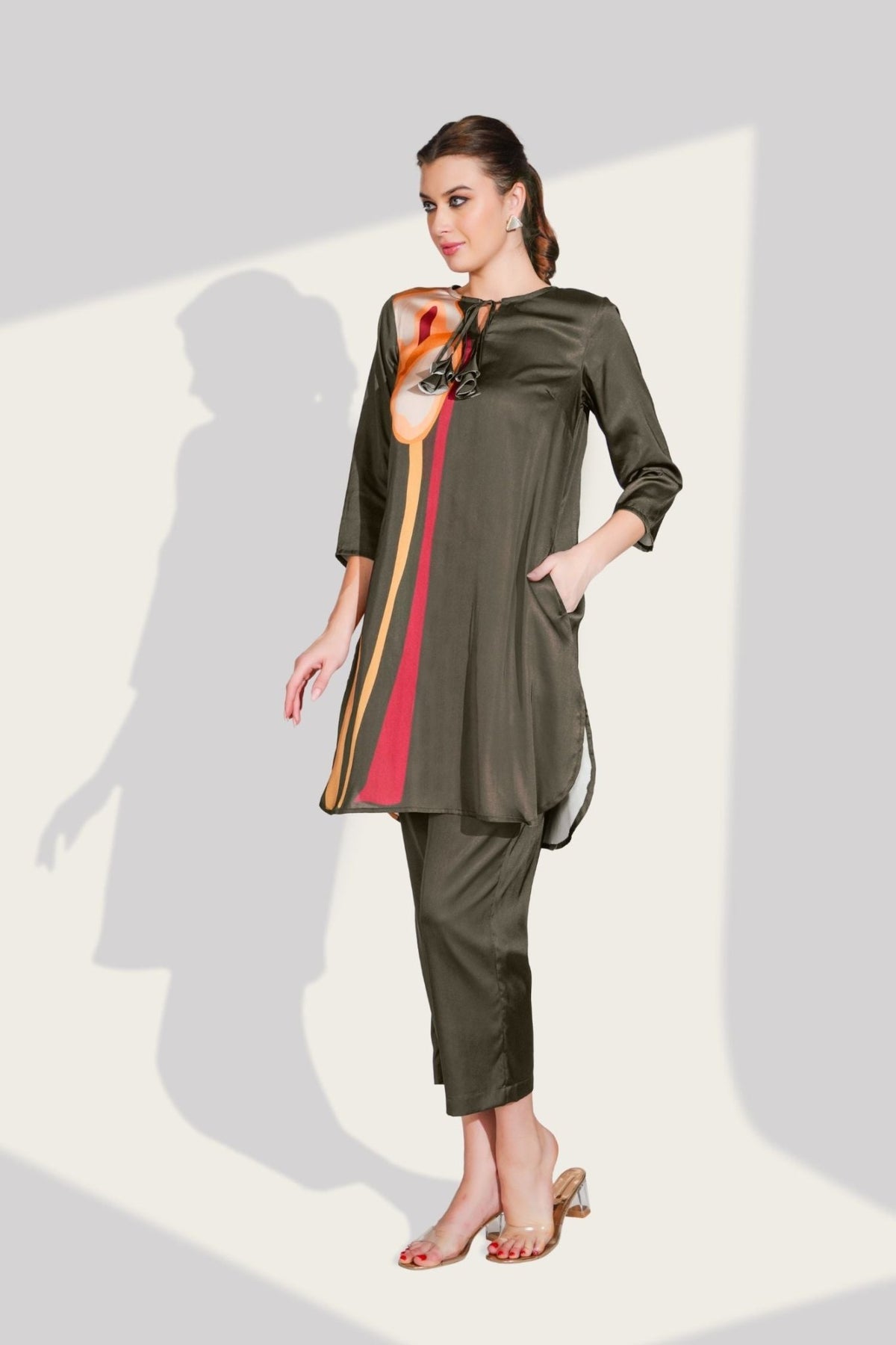 Olive Cord Set with Side Print & Short Bottom - Freyaa USA & Canada