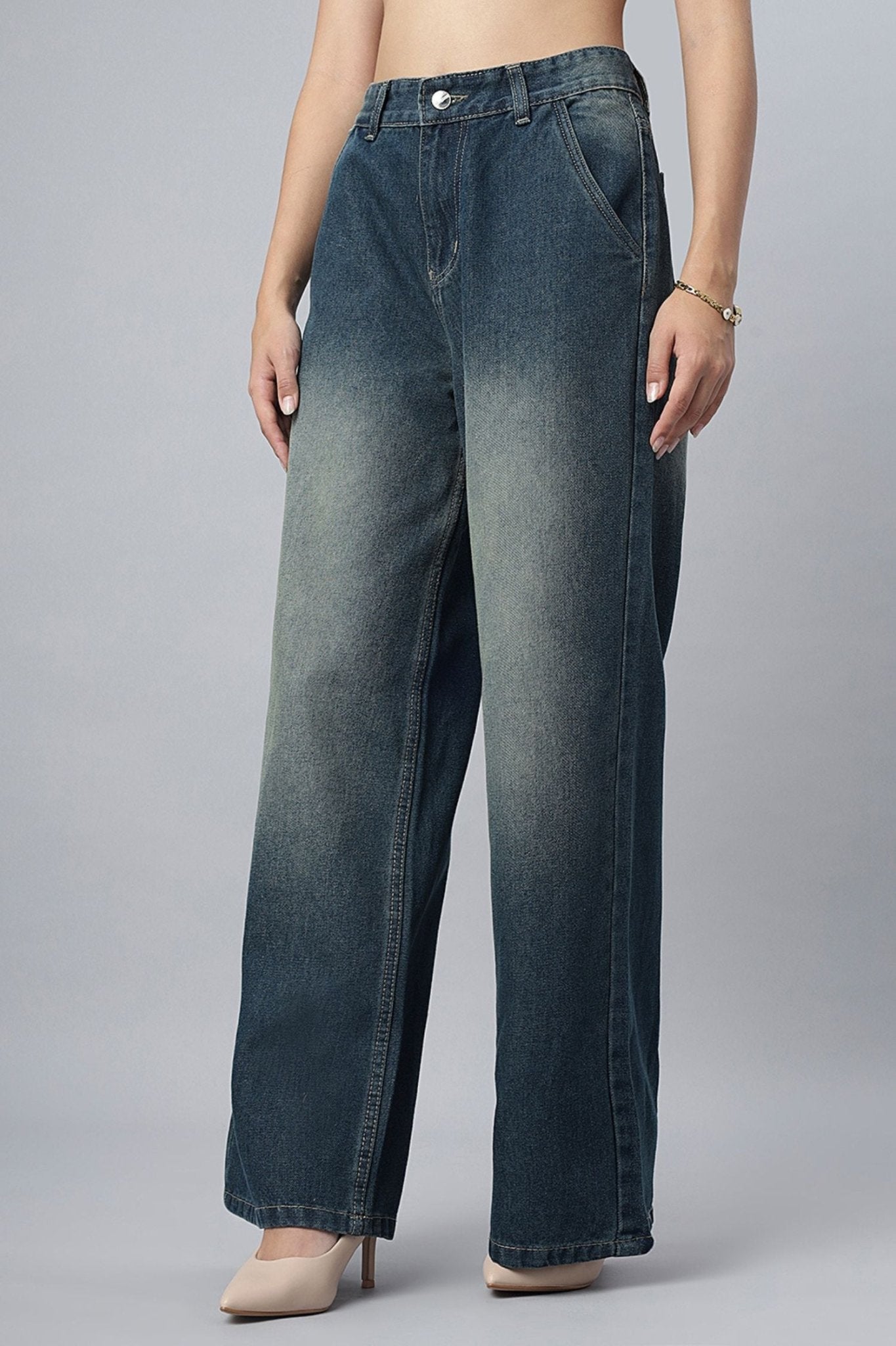 Teal Blue Shaded Wide-Leg Jeans - Freyaa USA & Canada