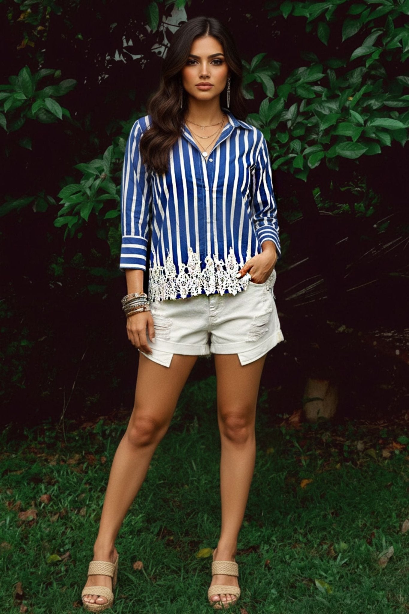 Blue Cotton Shirt with Lace Work - Freyaa USA & Canada