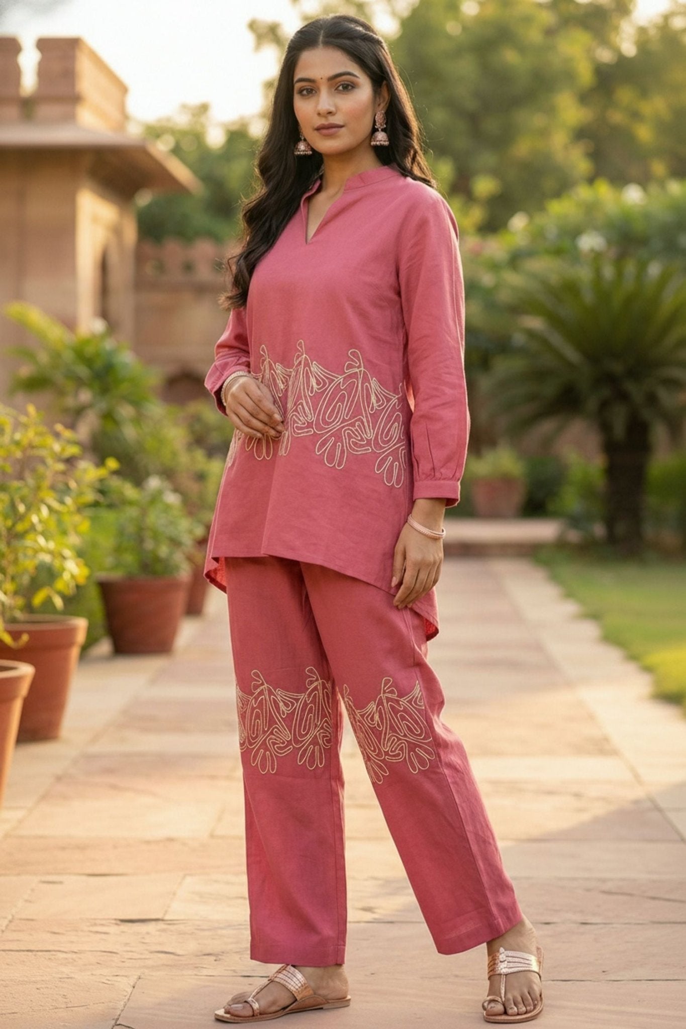 Elegant Pink Cordset Featuring Subtle Embroidery - Freyaa USA & Canada