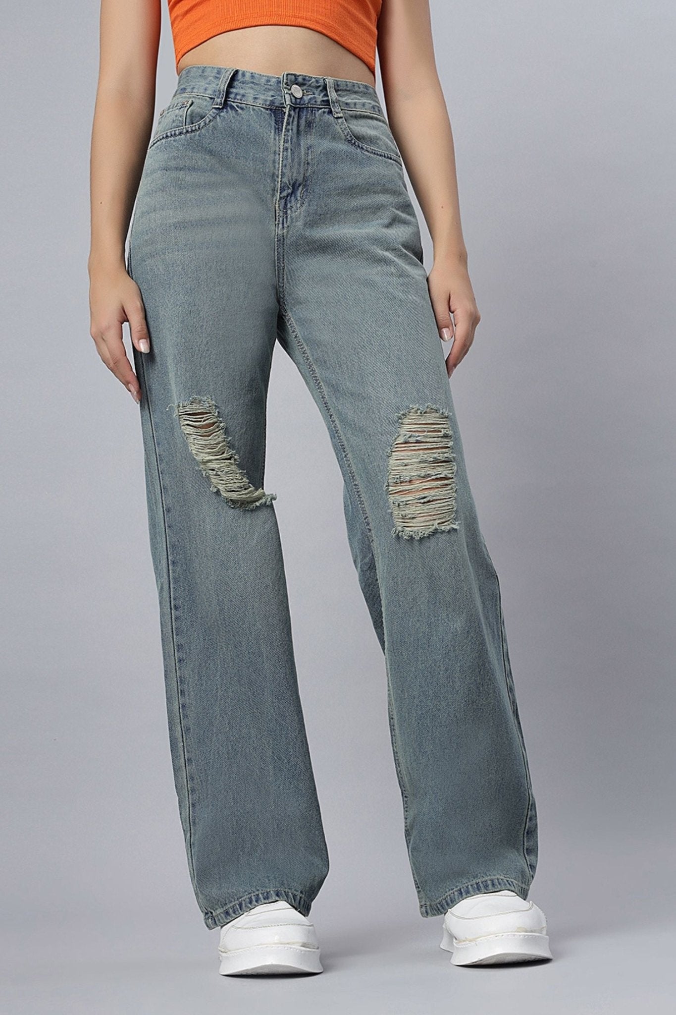 Ripped High-Waist Jeans in Dusty Hue - Freyaa USA & Canada