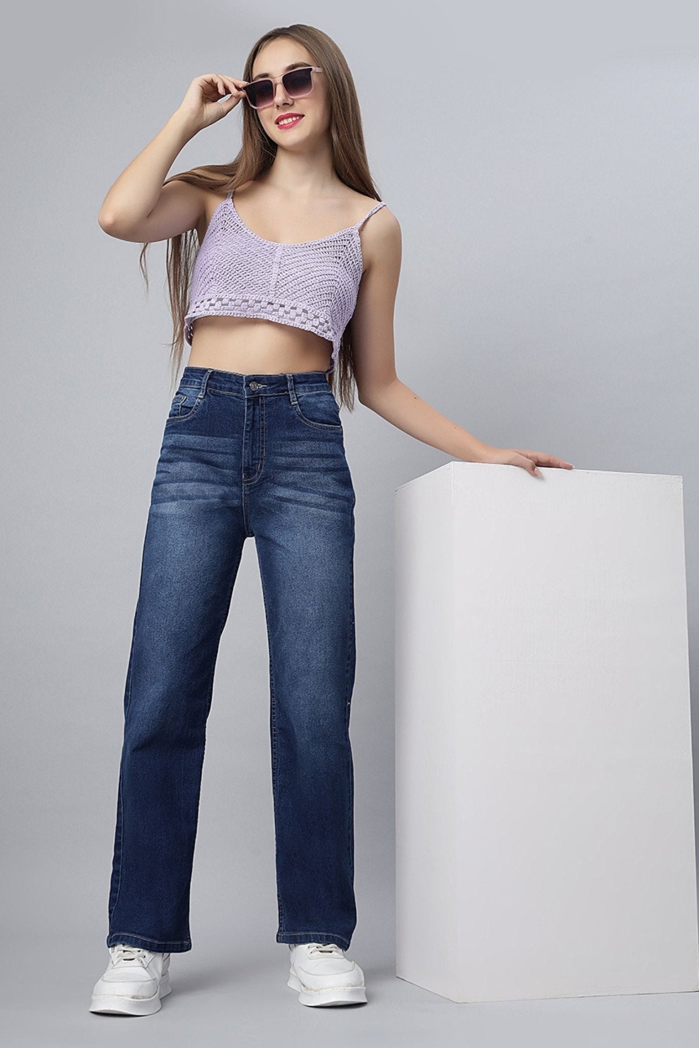 Denim Blue Shaded Straight-Fit Jeans - Freyaa USA & Canada