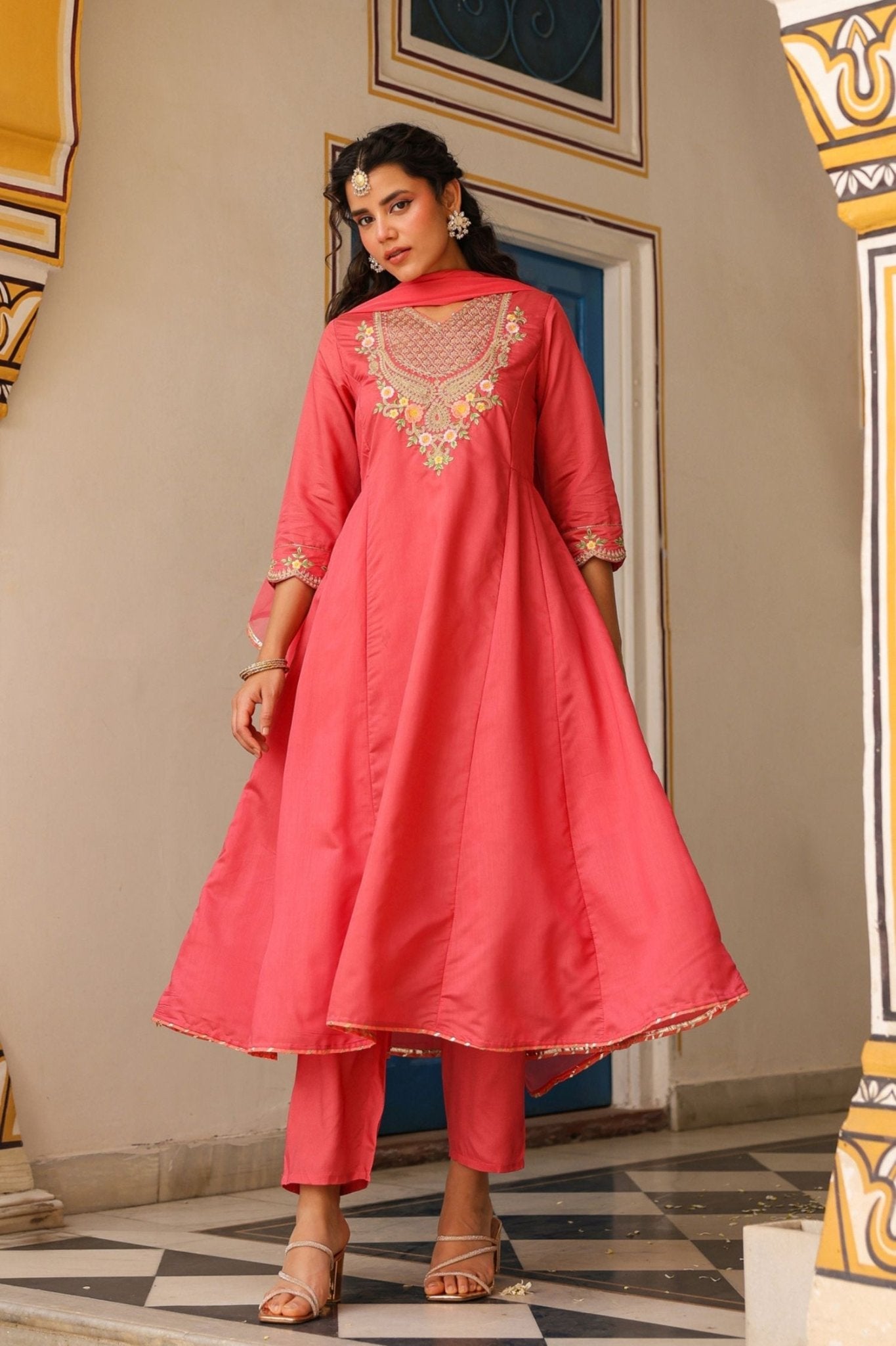 Freyaa Coral Pink Anarkali Kurta Trouser with Dupatta Set - Freyaa USA & Canada
