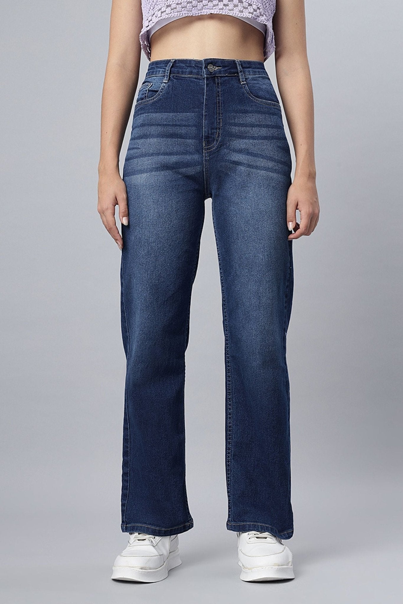 Denim Blue Shaded Straight-Fit Jeans - Freyaa USA & Canada