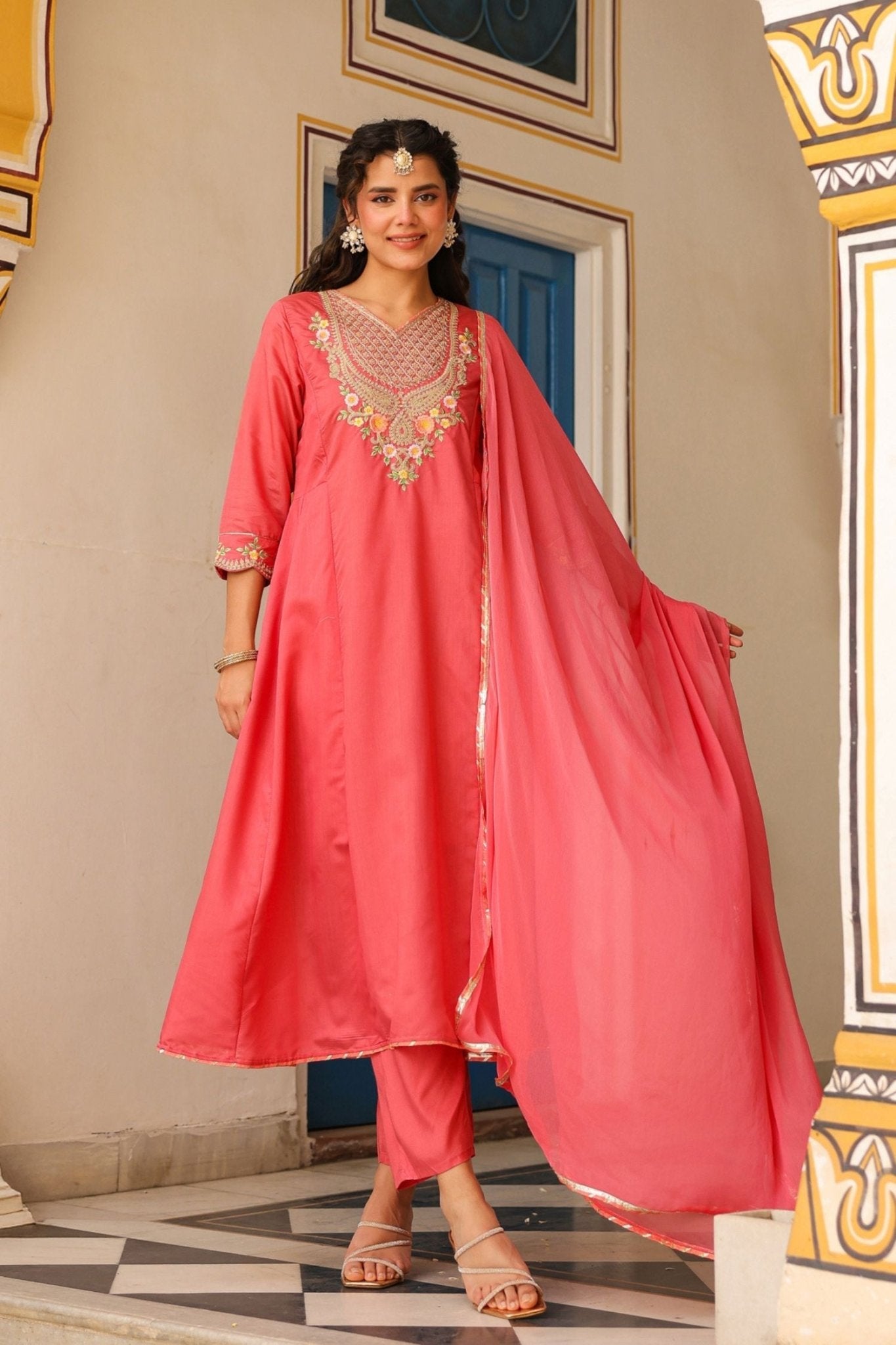 Freyaa Coral Pink Anarkali Kurta Trouser with Dupatta Set - Freyaa USA & Canada