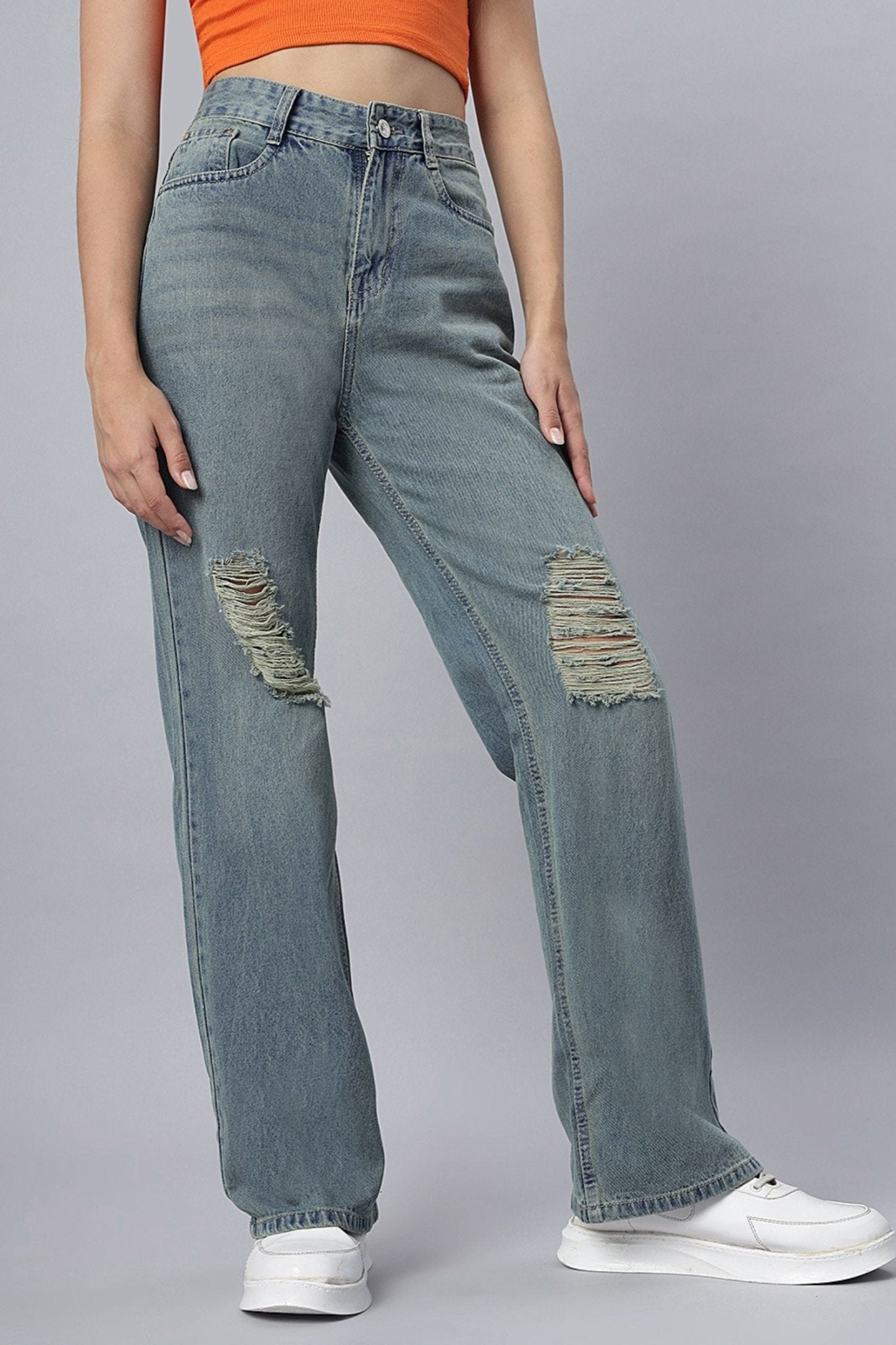 Ripped High-Waist Jeans in Dusty Hue - Freyaa USA & Canada
