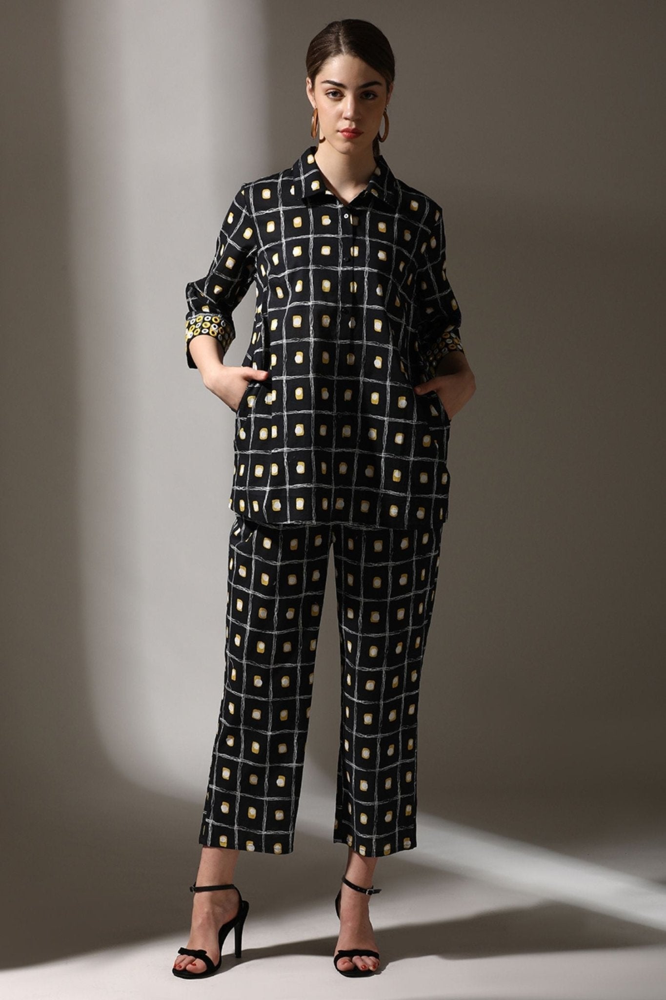 Black Cotton Cord Set in Classic Shirt-Style Pattern - Freyaa USA & Canada