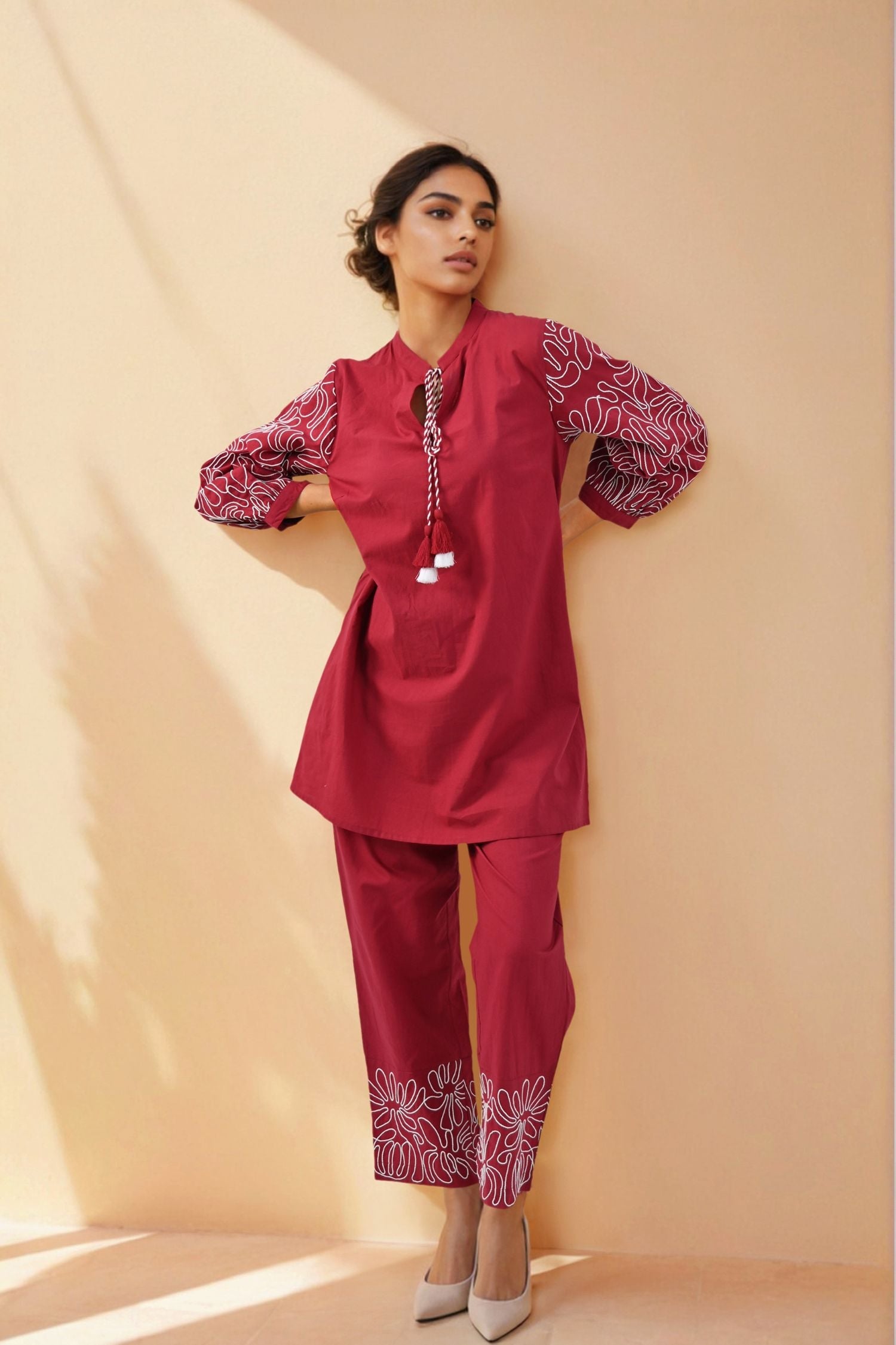 Solid Red Cord Set with Sleeve & Bottom Detail