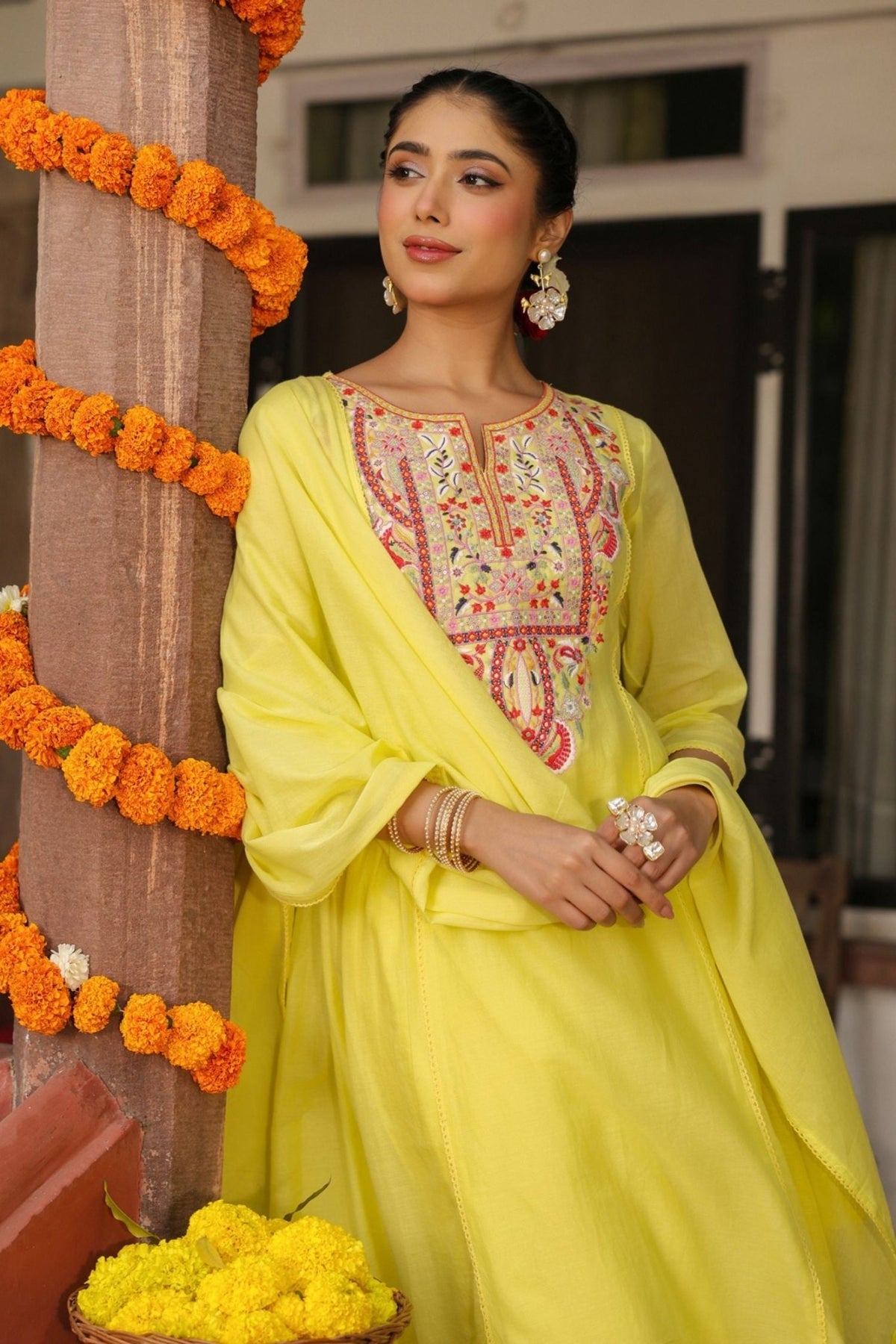Freyaa Yellow Embroidered cotton Anarkali Suit With Dupatta - Freyaa USA & Canada
