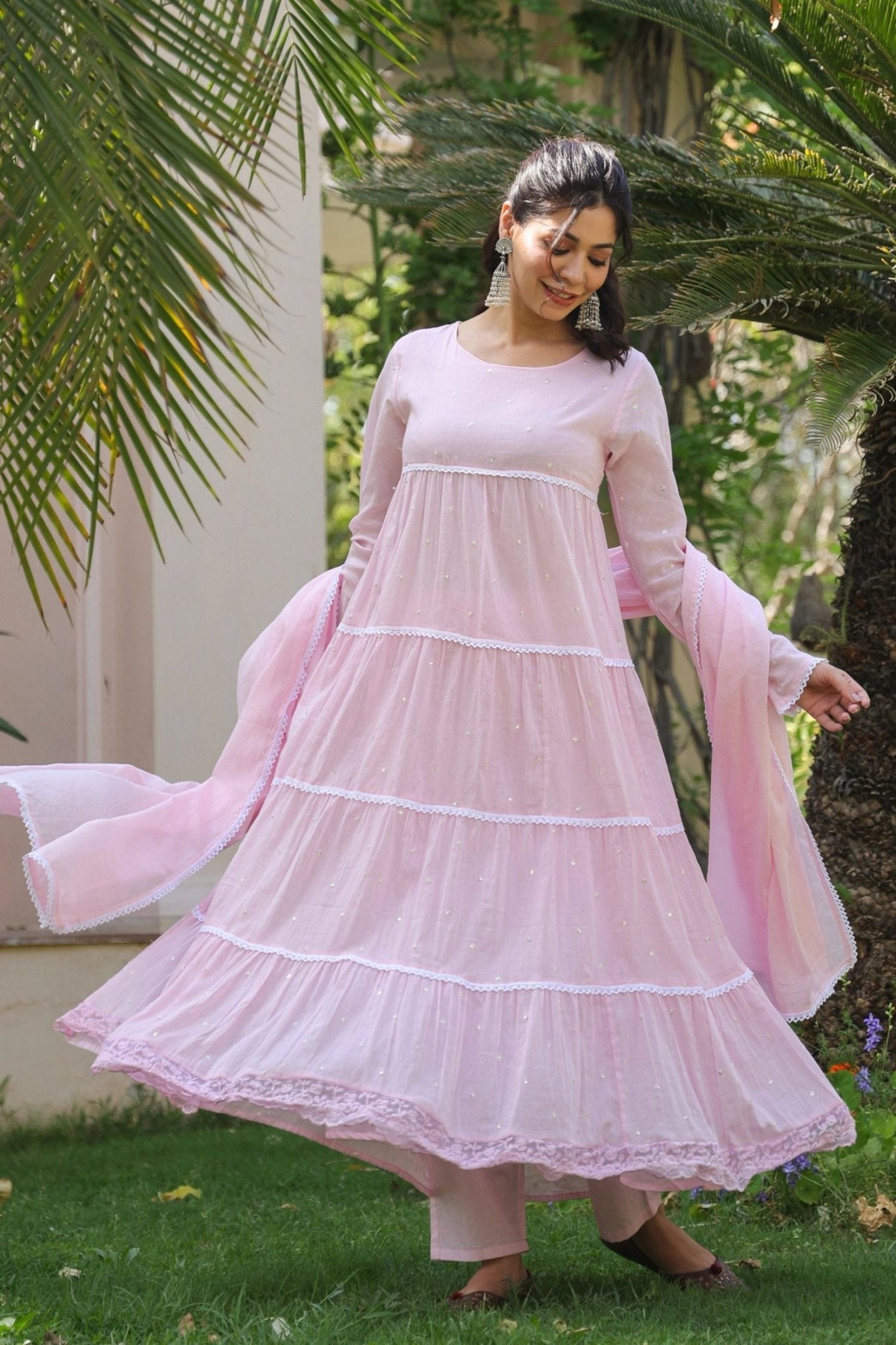 Freyaa Pink Cotton Anarkali Suit Set With Dupatta - Freyaa USA & Canada