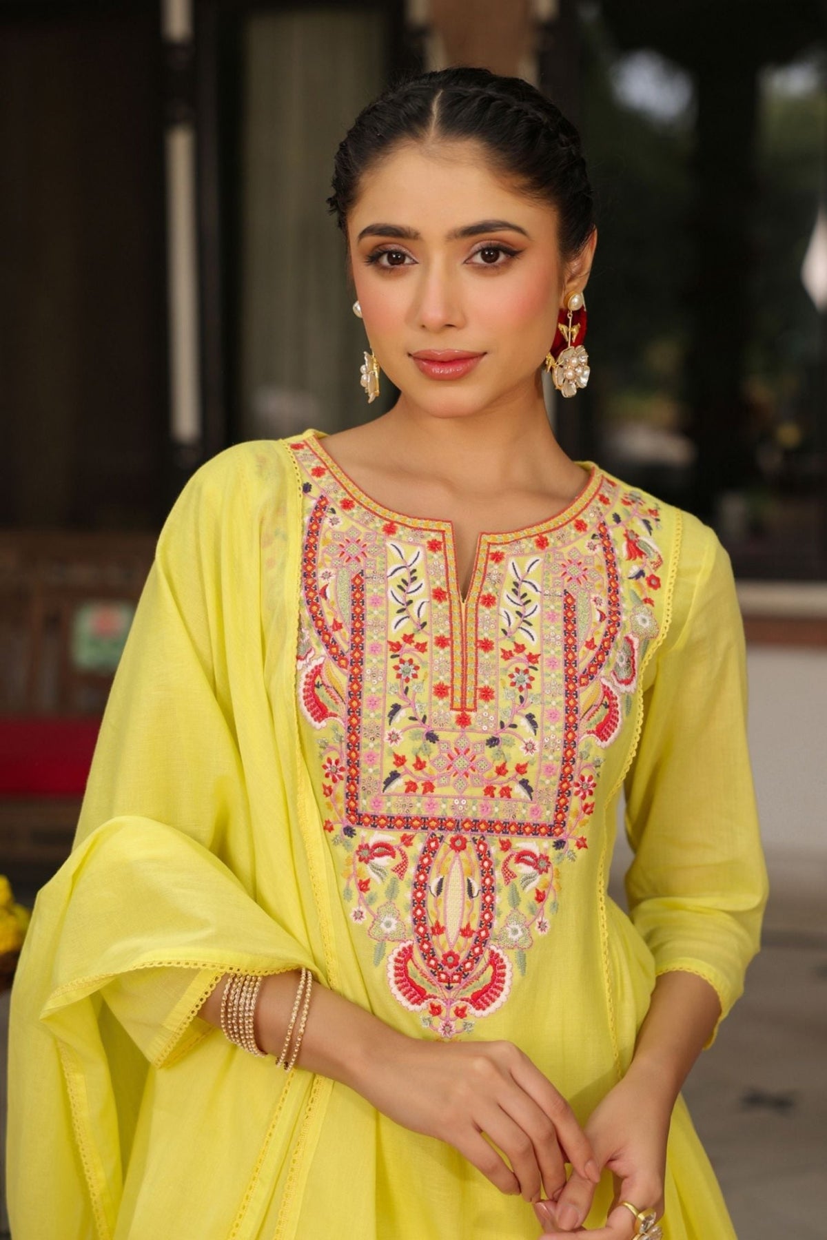 Freyaa Yellow Embroidered cotton Anarkali Suit With Dupatta - Freyaa USA & Canada