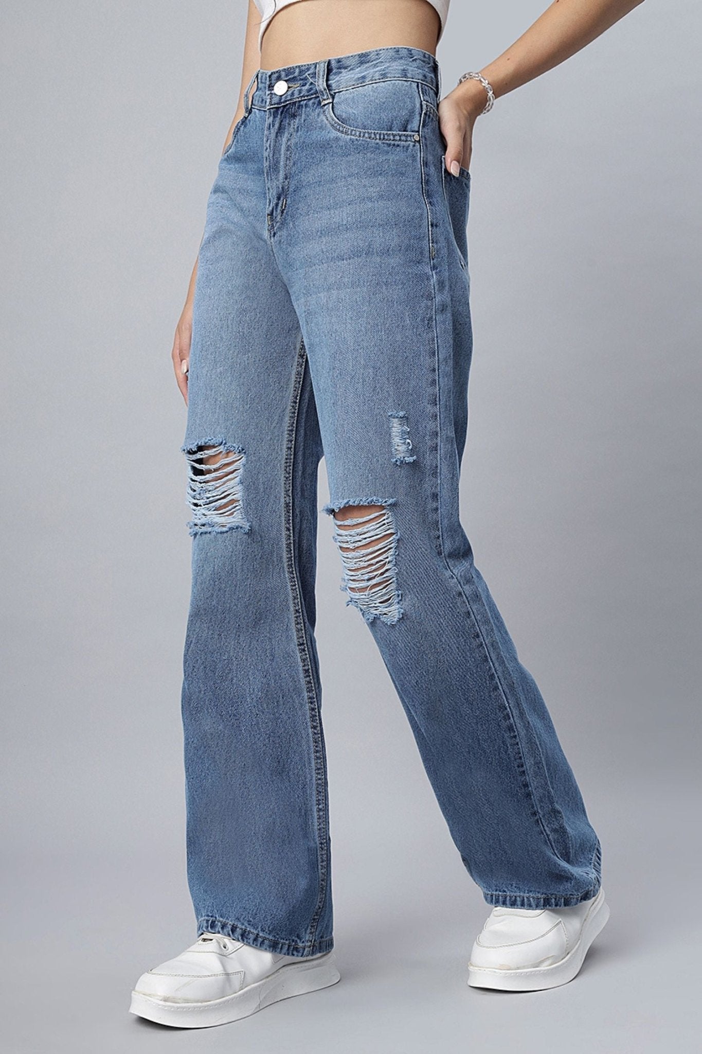 Basic Blue Straight-Leg Ripped Jeans - Freyaa USA & Canada