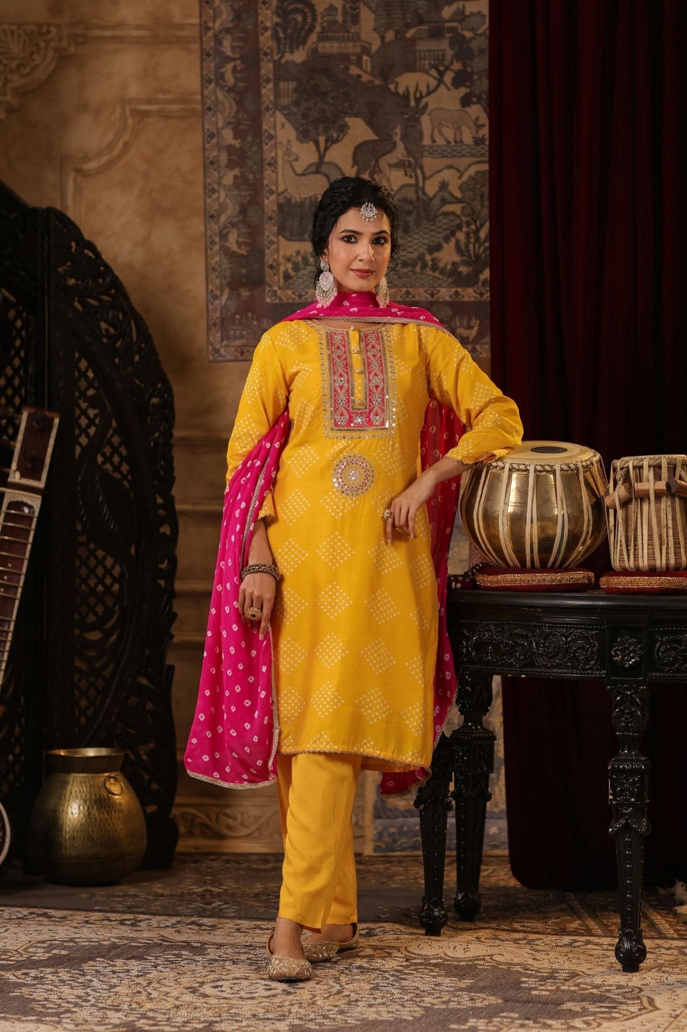 Freyaa yellow Embroidered Straight Kurta Trouser with Bandhni Dupatta Set - Freyaa USA & Canada