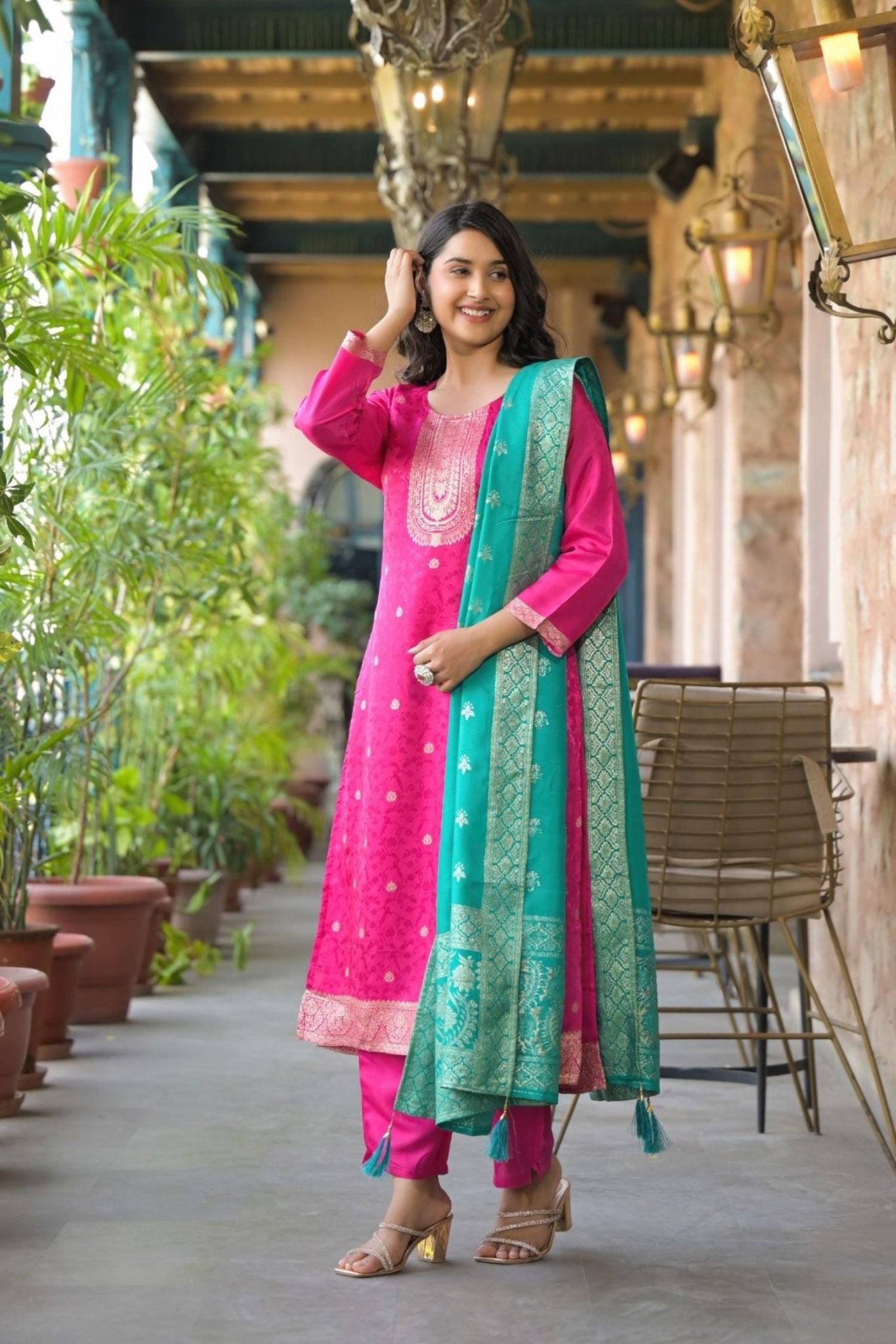 Rani Straight Kurta Set with Green Dupatta - Freyaa USA & Canada