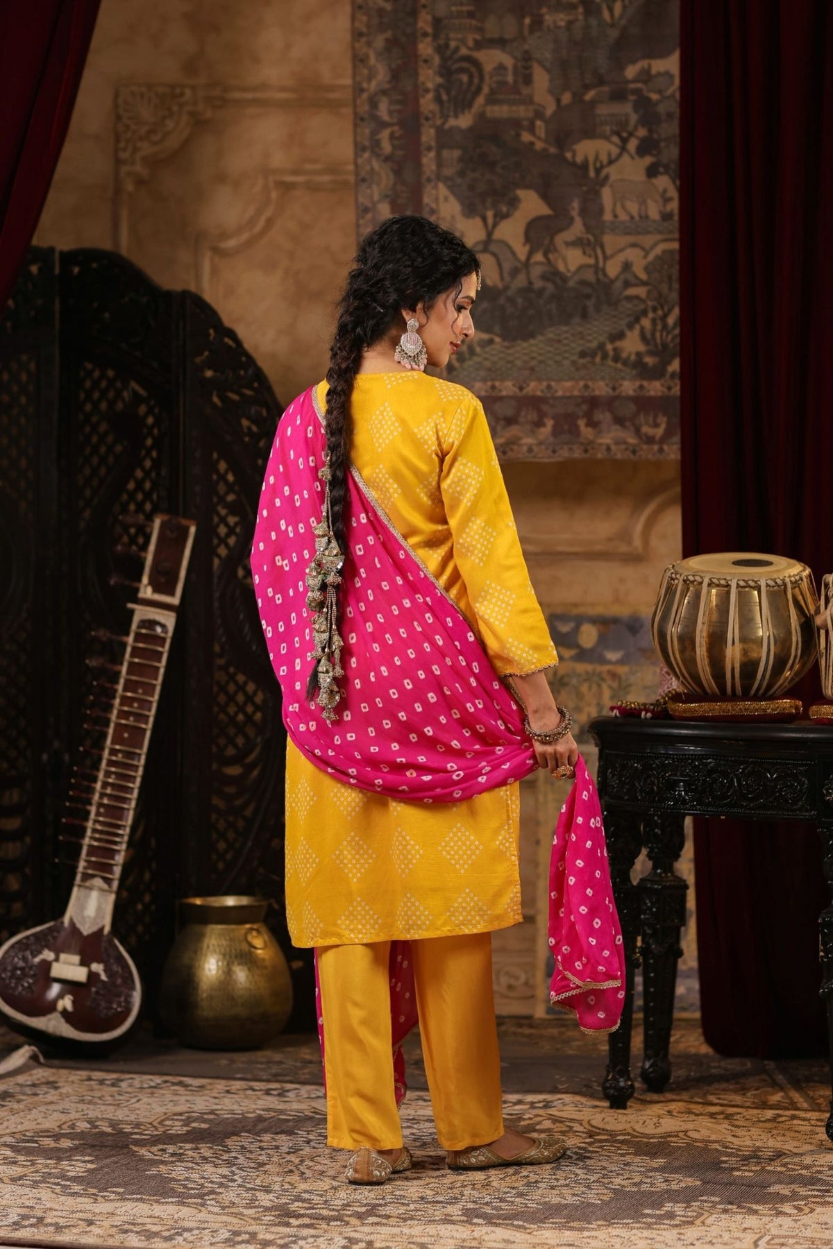 Freyaa yellow Embroidered Straight Kurta Trouser with Bandhni Dupatta Set - Freyaa USA & Canada