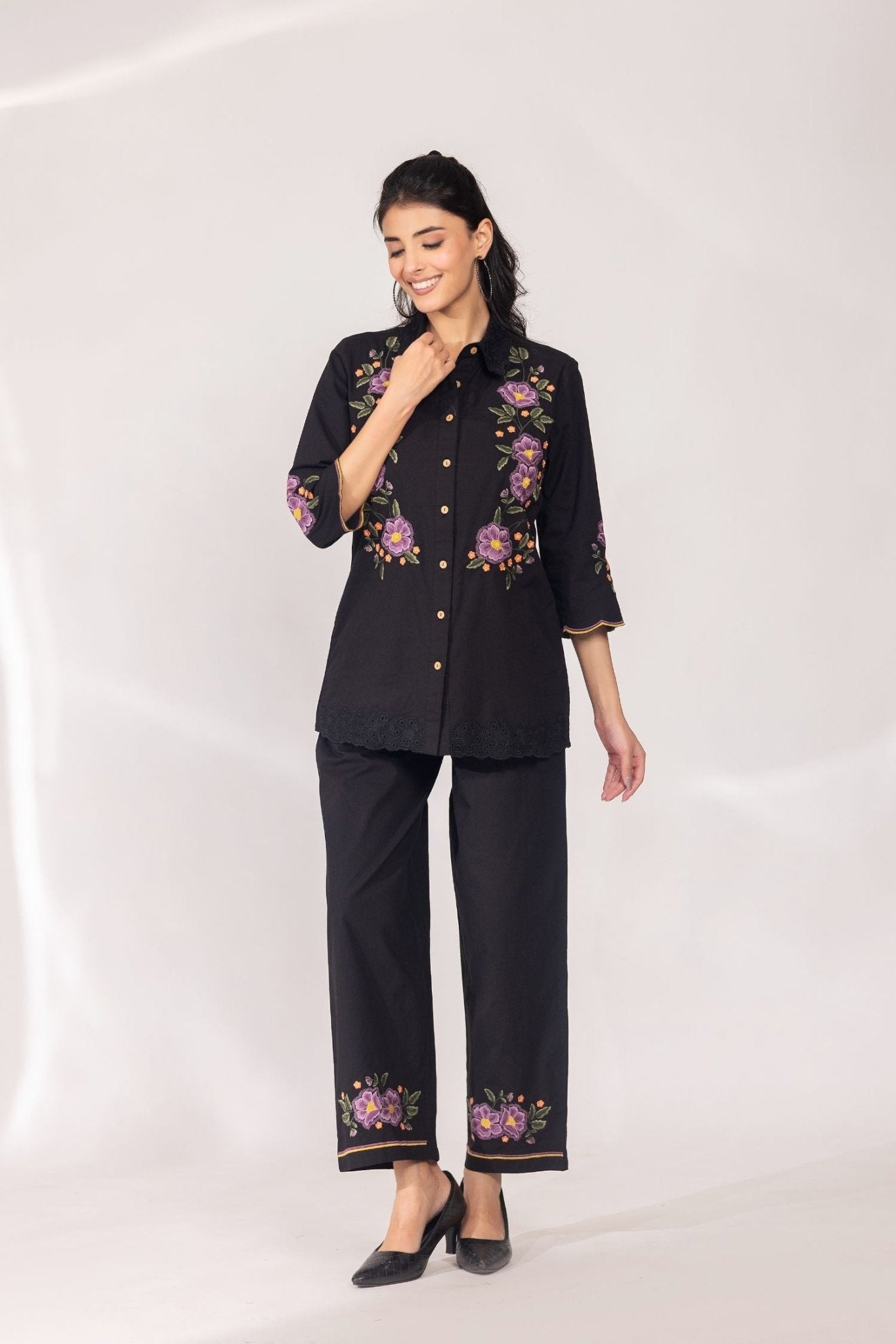 Black Cotton Co-ord Set with Multi Floral Work - Freyaa USA & Canada