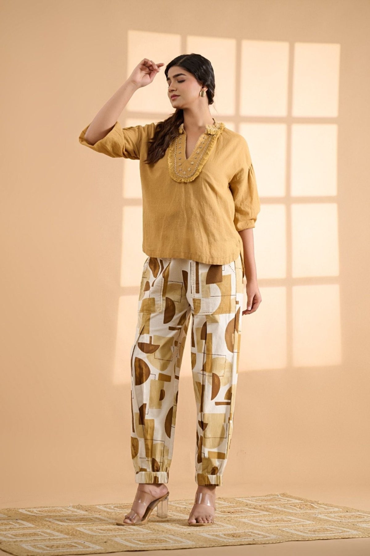 Chic Yellow Cotton Co-ord Set with Printed Trousers - Freyaa USA & Canada