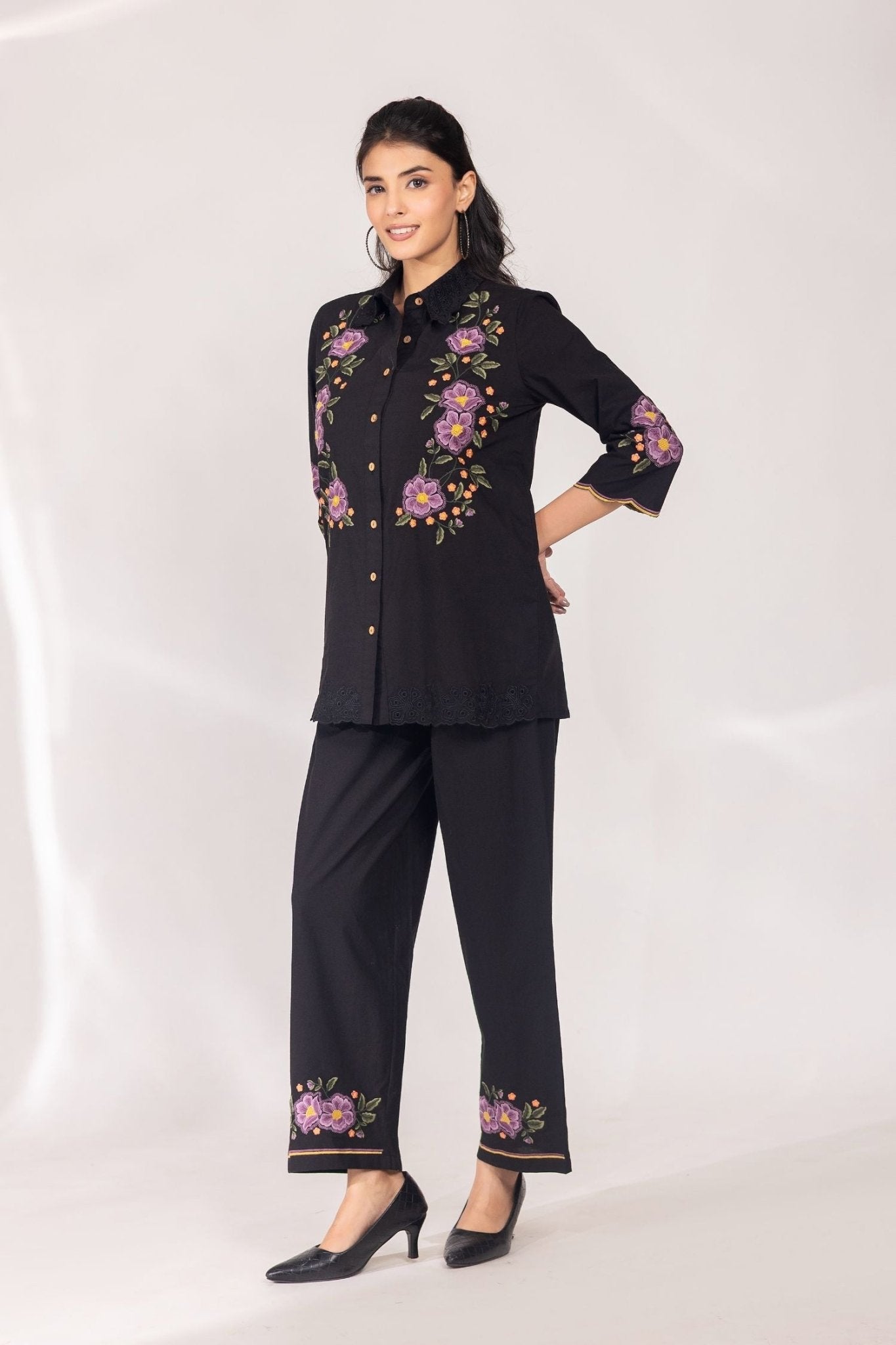 Black Cotton Co-ord Set with Multi Floral Work - Freyaa USA & Canada