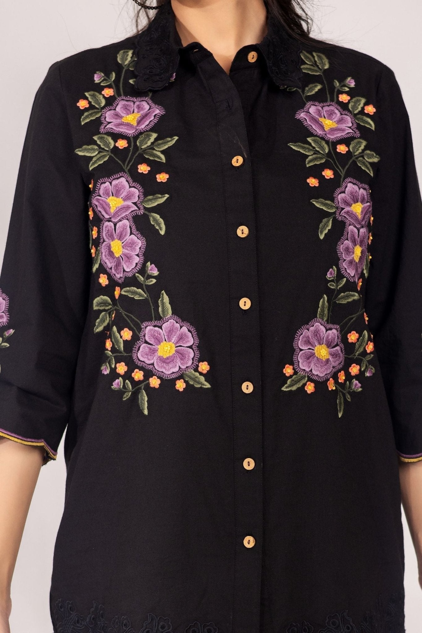 Black Cotton Co-ord Set with Multi Floral Work - Freyaa USA & Canada