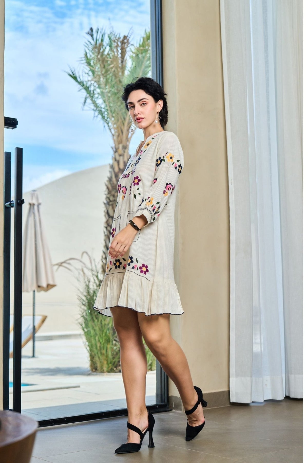 Off-White Tunic with Graceful Floral Print Detailing - Freyaa USA & Canada