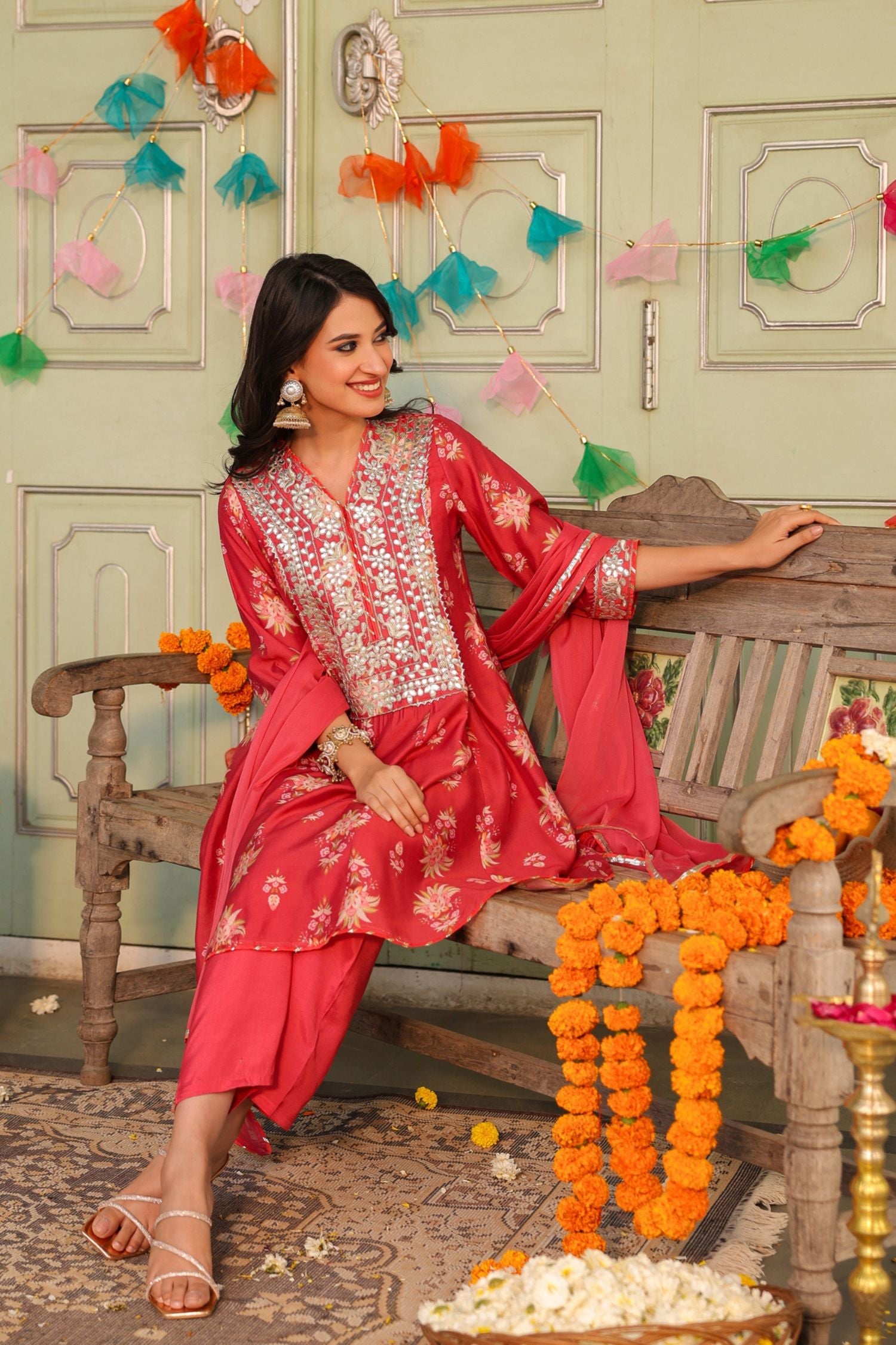Freyaa Coral Pink Printed Embroidered Silk Blend Calf-Length Anarkali Suit With Dupatta