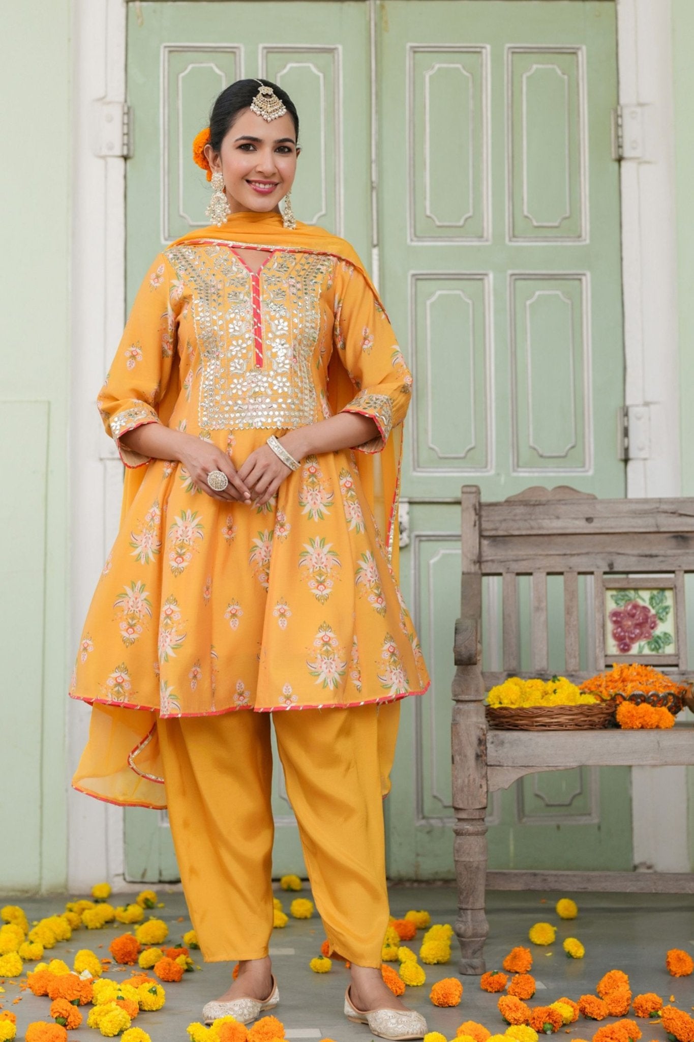 Freyaa Mustard Yellow Printed Embroidered Silk Blend Calf-Length Anarkali Suit With Dupatta - Freyaa USA & Canada