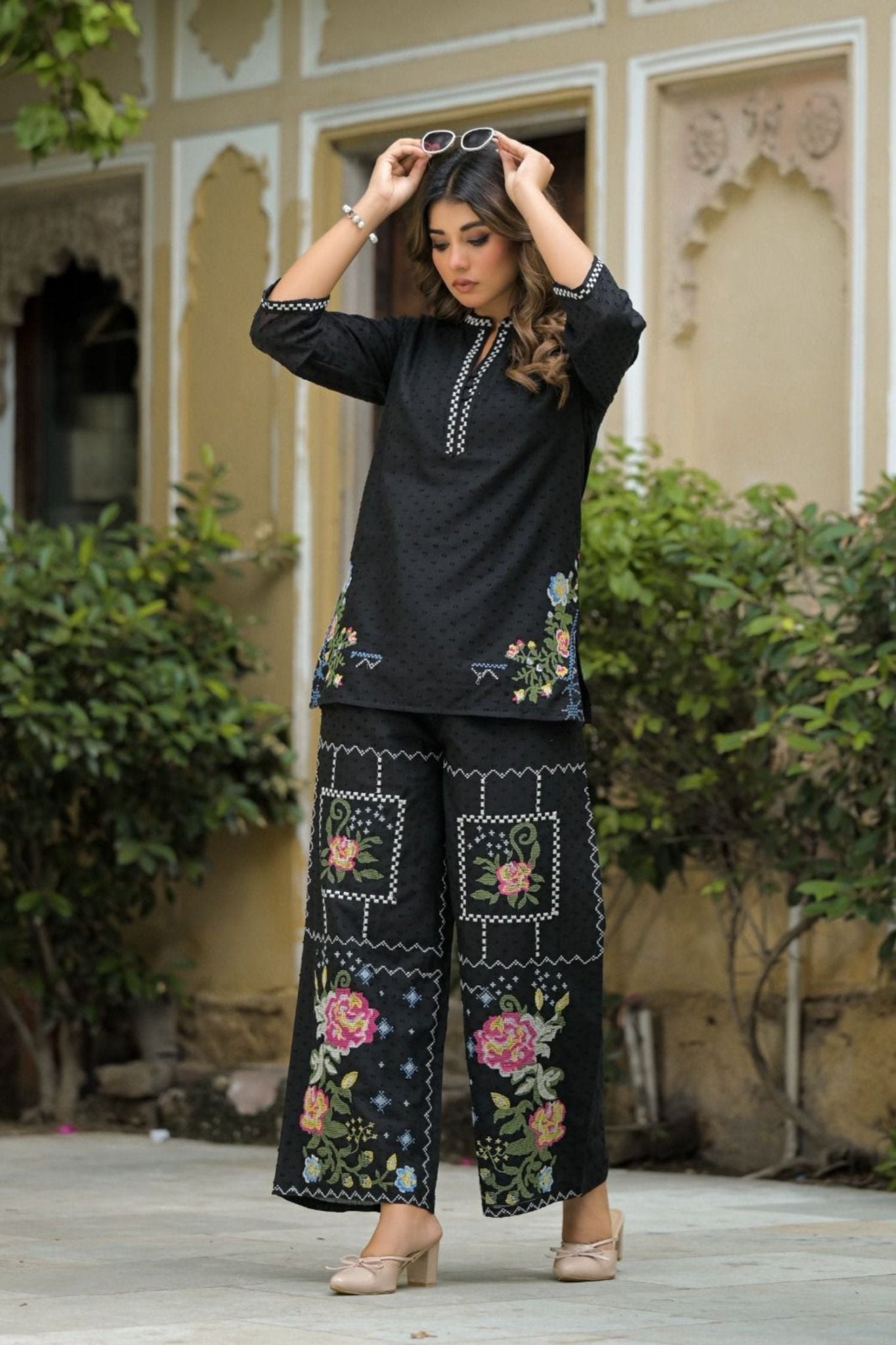 Black Cotton Floral Threadwork Set - Freyaa USA & Canada