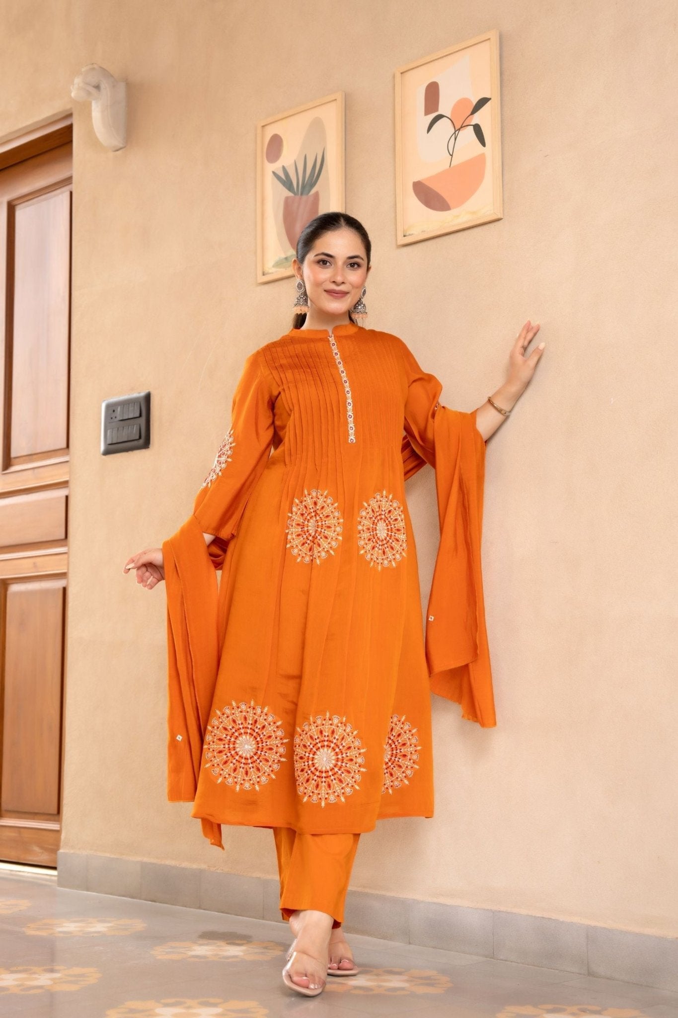 Cotton Three-Piece Ensemble with Elegant Neck Embroidery and Bold Circle Motif - Freyaa USA & Canada