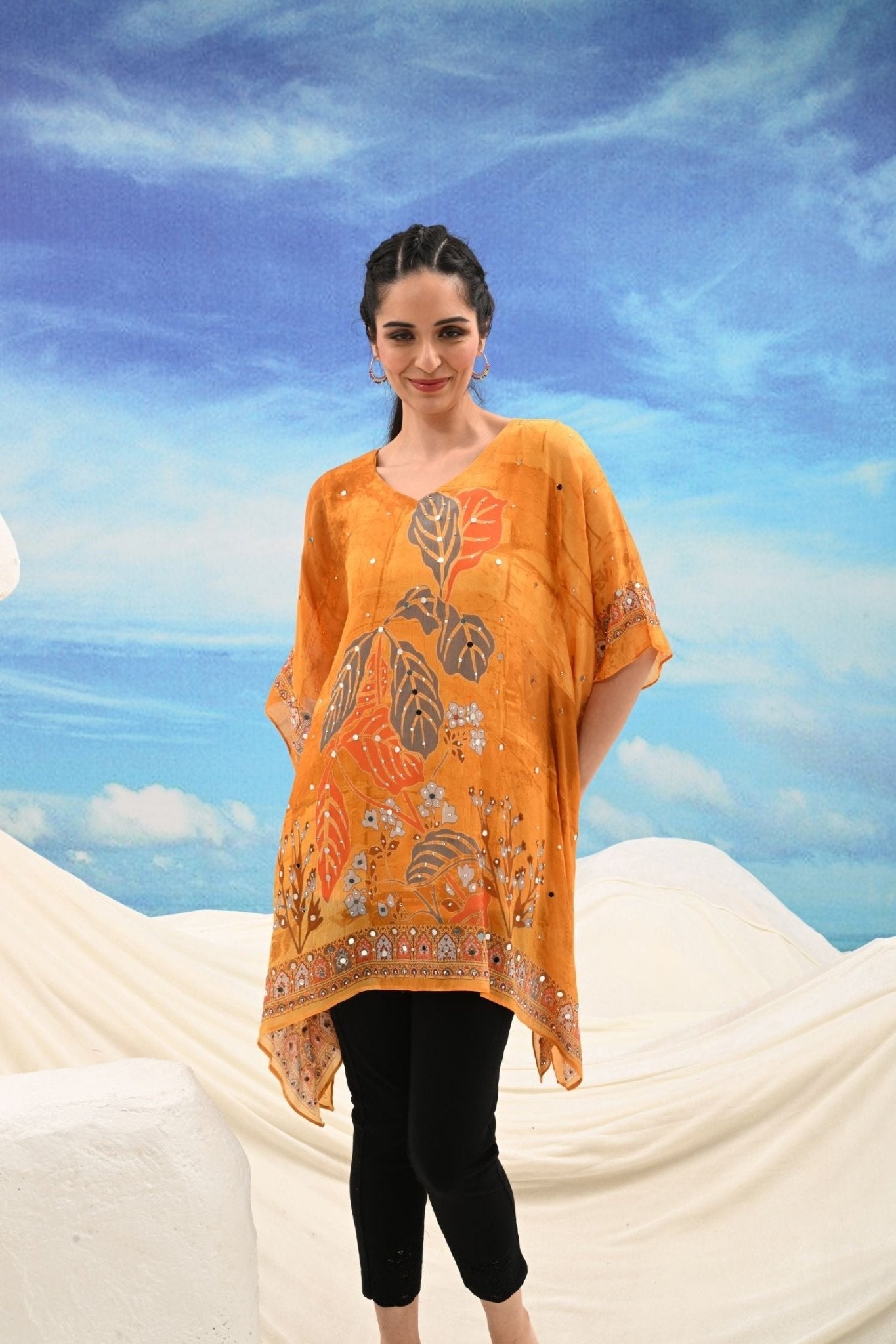 Mustard Mirror Work Embroidered Short Kaftan - Freyaa USA & Canada
