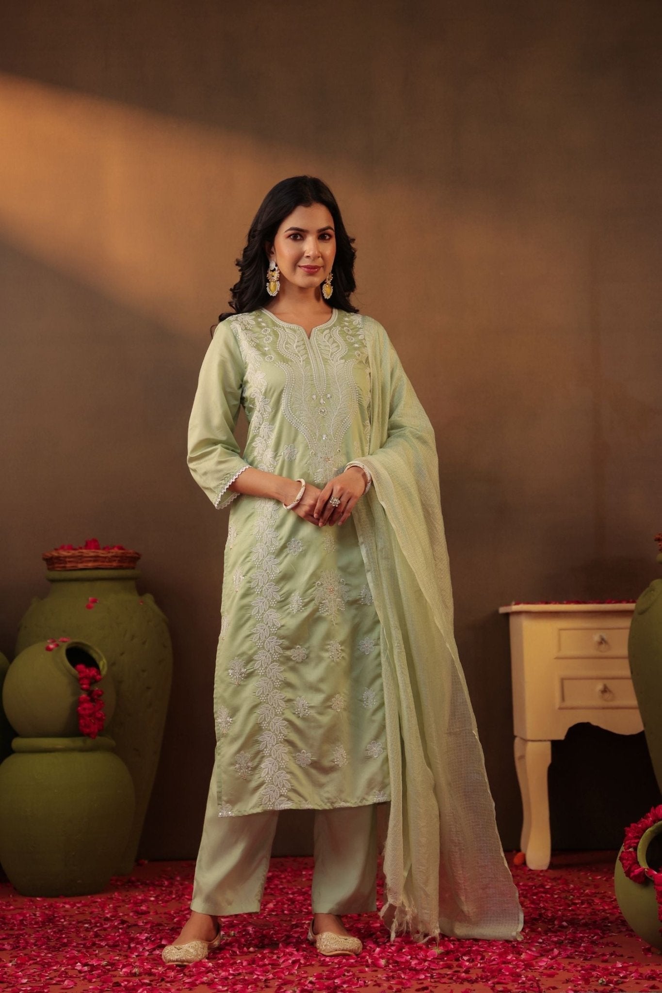 Freyaa Pista Green Embroidered Straight Kurta Trouser with Dupatta Set - Freyaa USA & Canada