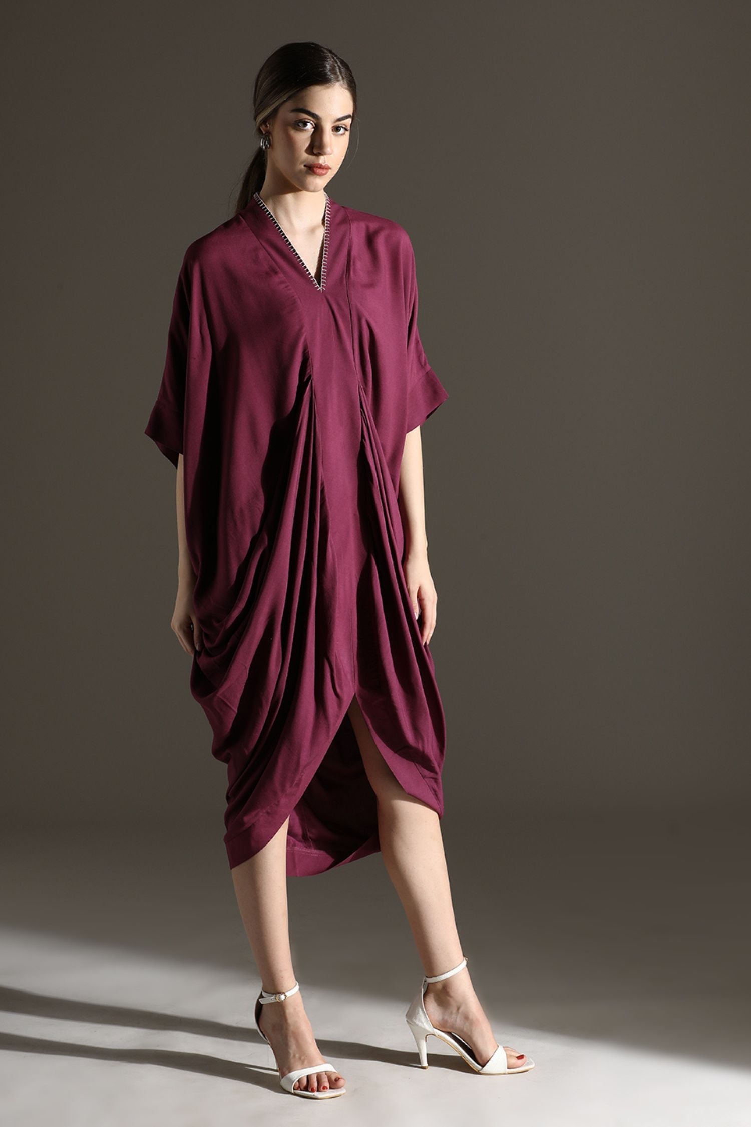 Purple Kaftan-Style Long Dress with Loose Fit