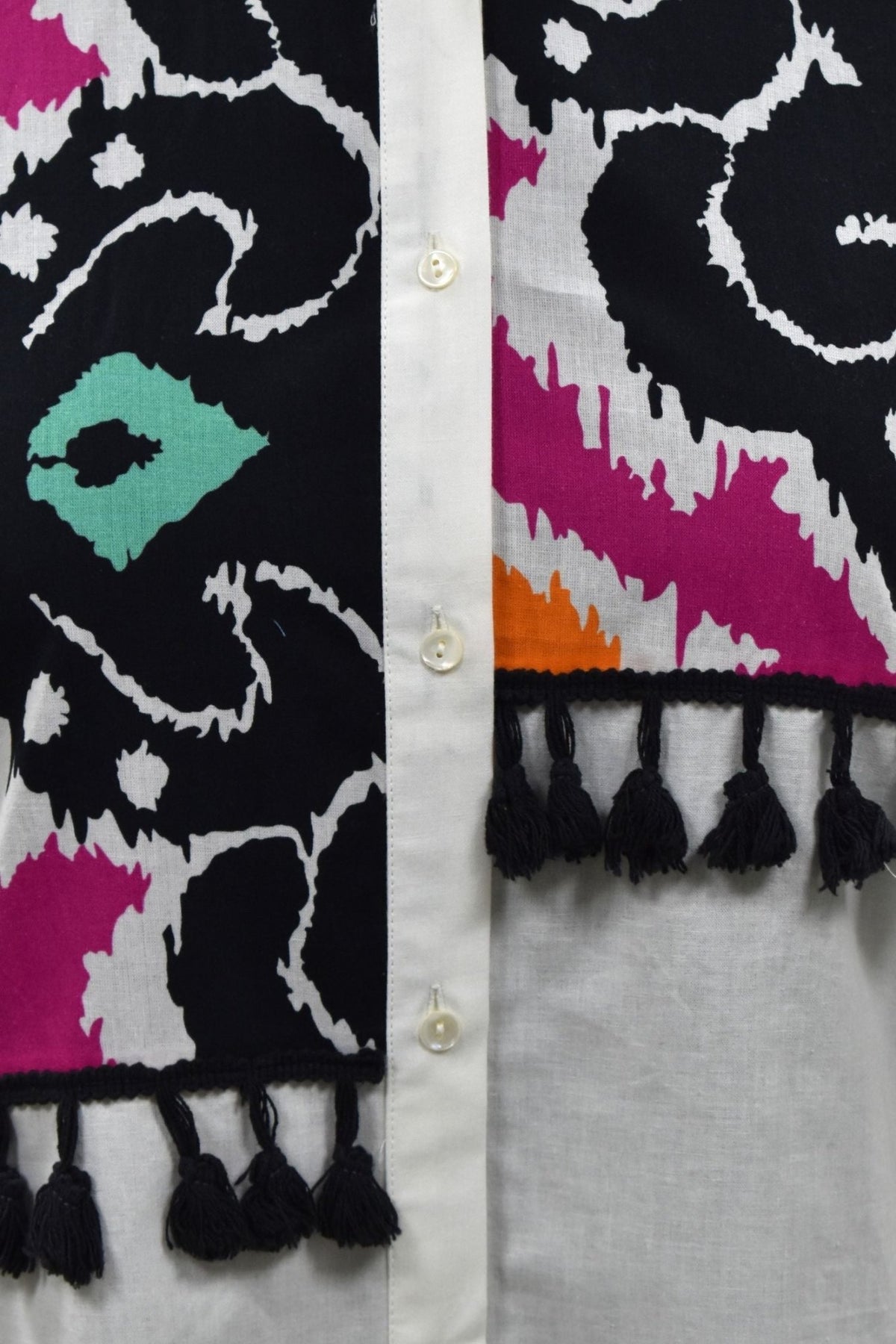 White Cotton Shirt with Abstract Patchwork & Tassel Detailing - Freyaa USA & Canada