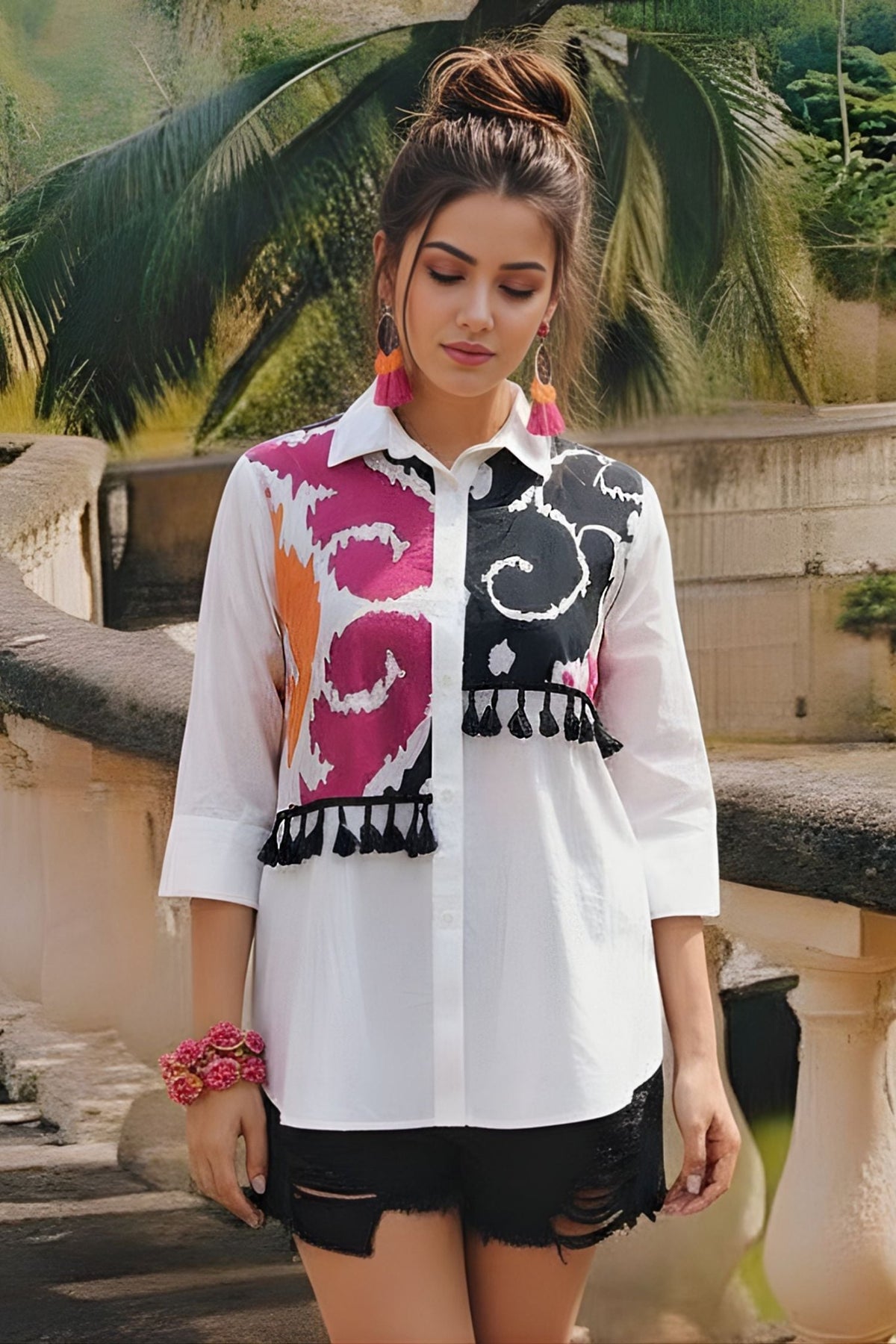 White Cotton Shirt with Abstract Patchwork & Tassel Detailing - Freyaa USA & Canada