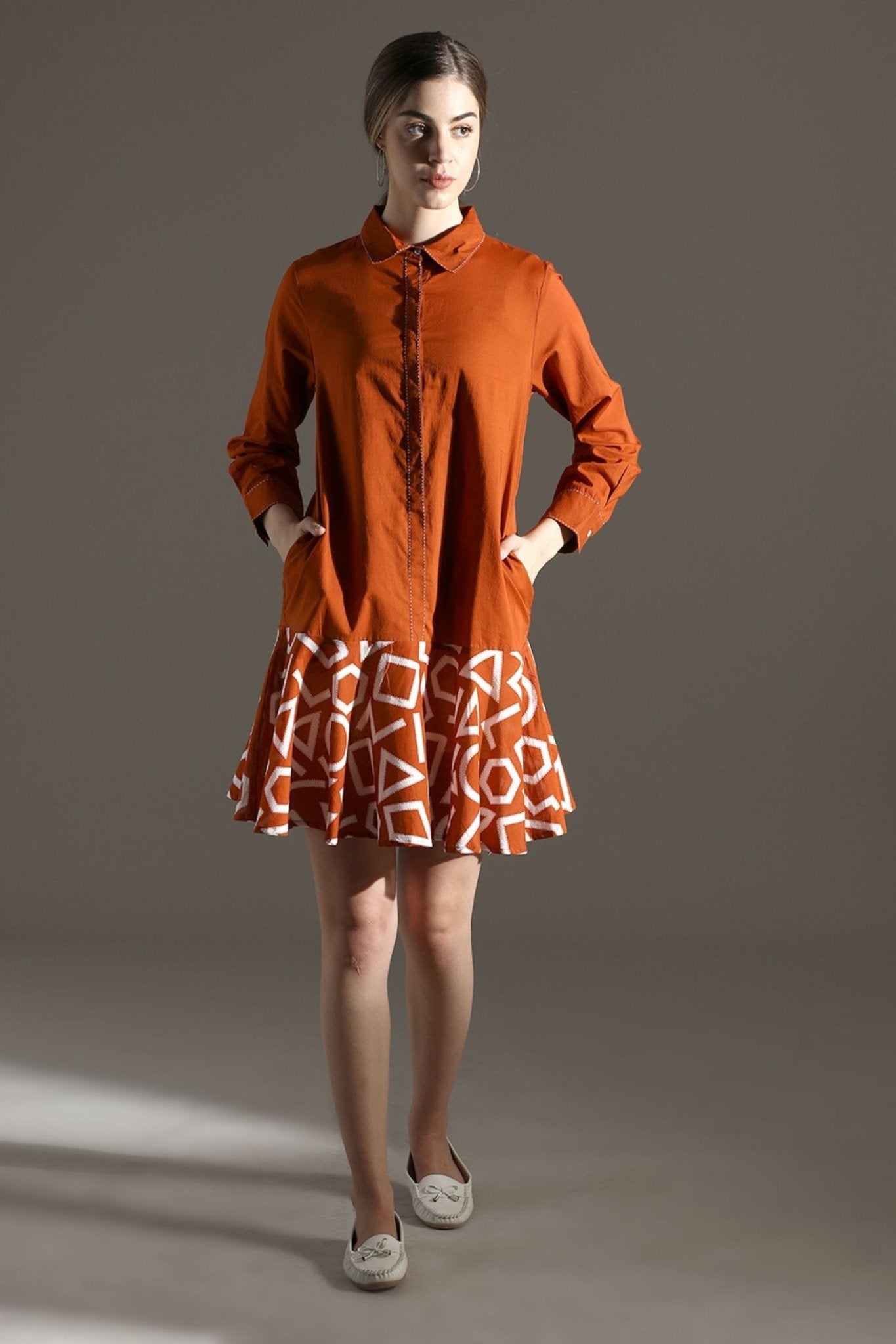 Orange Collared Print Style Tunic - Freyaa USA & Canada