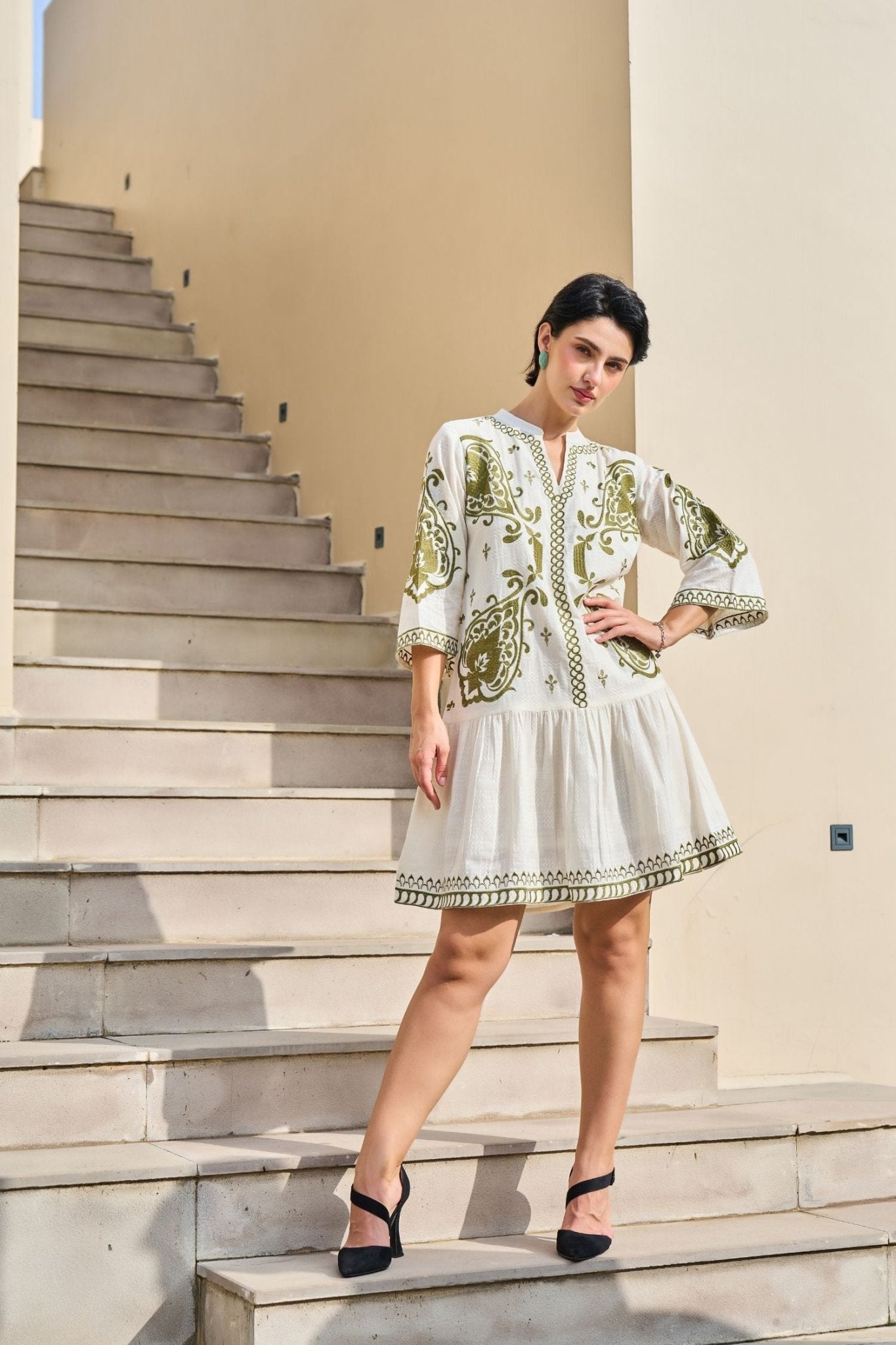 Modern Cream Tunic Accented with Green Thread Work - Freyaa USA & Canada