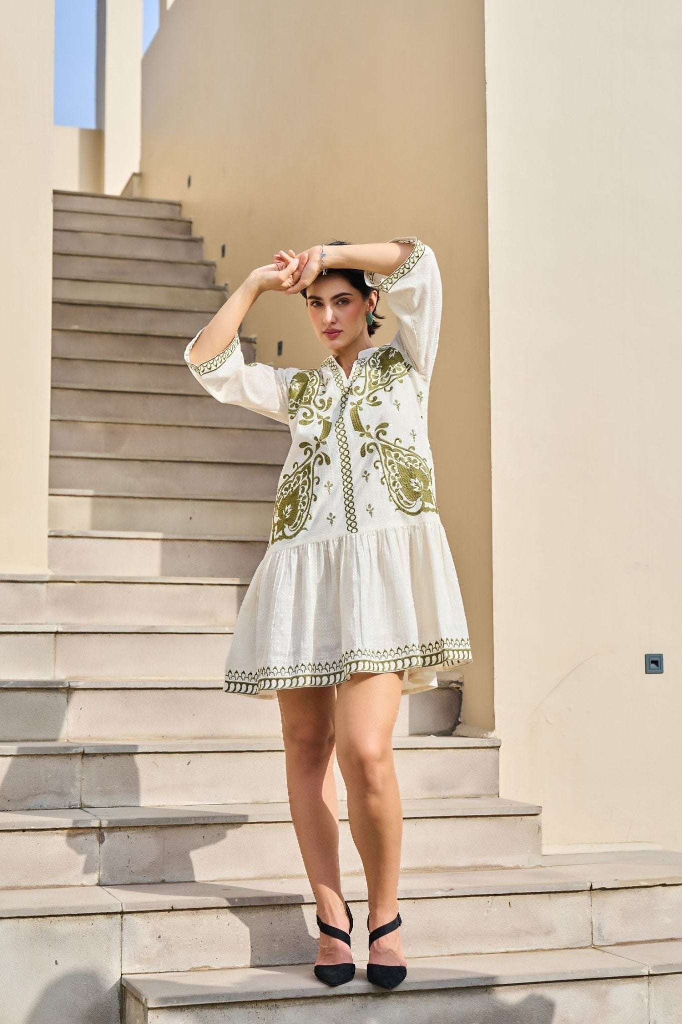 Modern Cream Tunic Accented with Green Thread Work - Freyaa USA & Canada