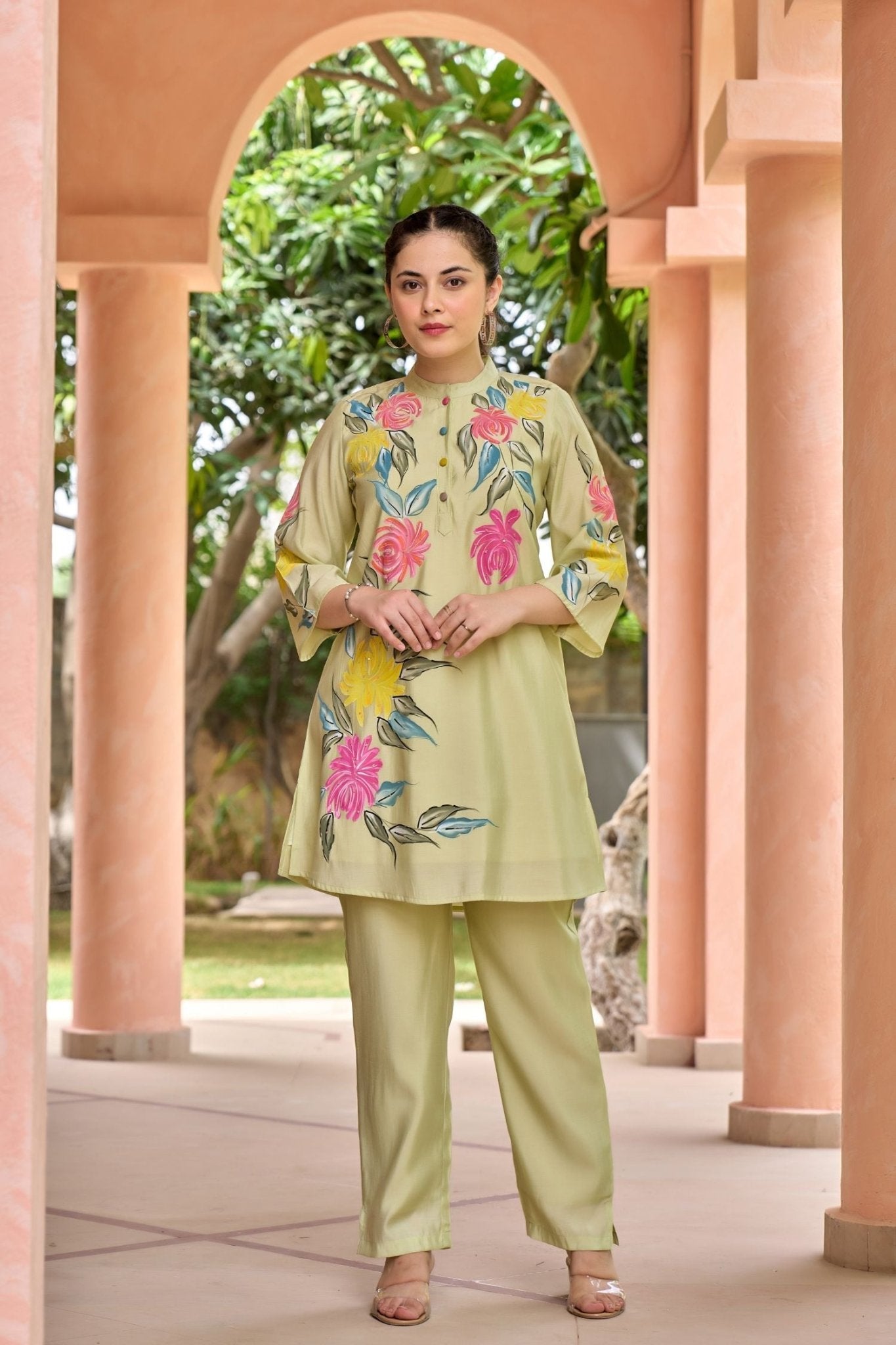 Pista Green Cord Set with Floral Print Top and Solid Bottom - Freyaa USA & Canada