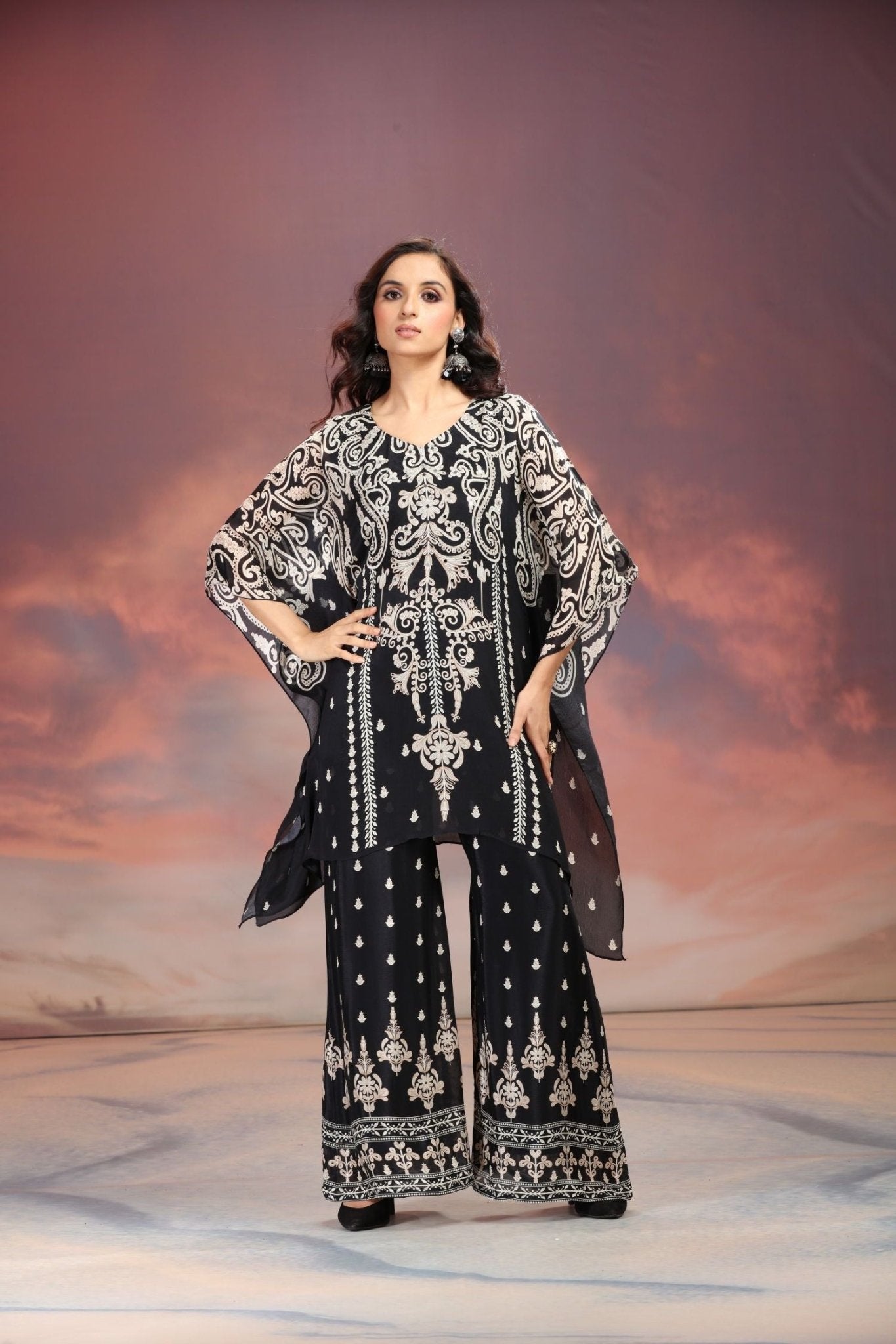 Black Sharara-Style Two-Piece Cord Set with Detailed Embroidered Design - Freyaa USA & Canada