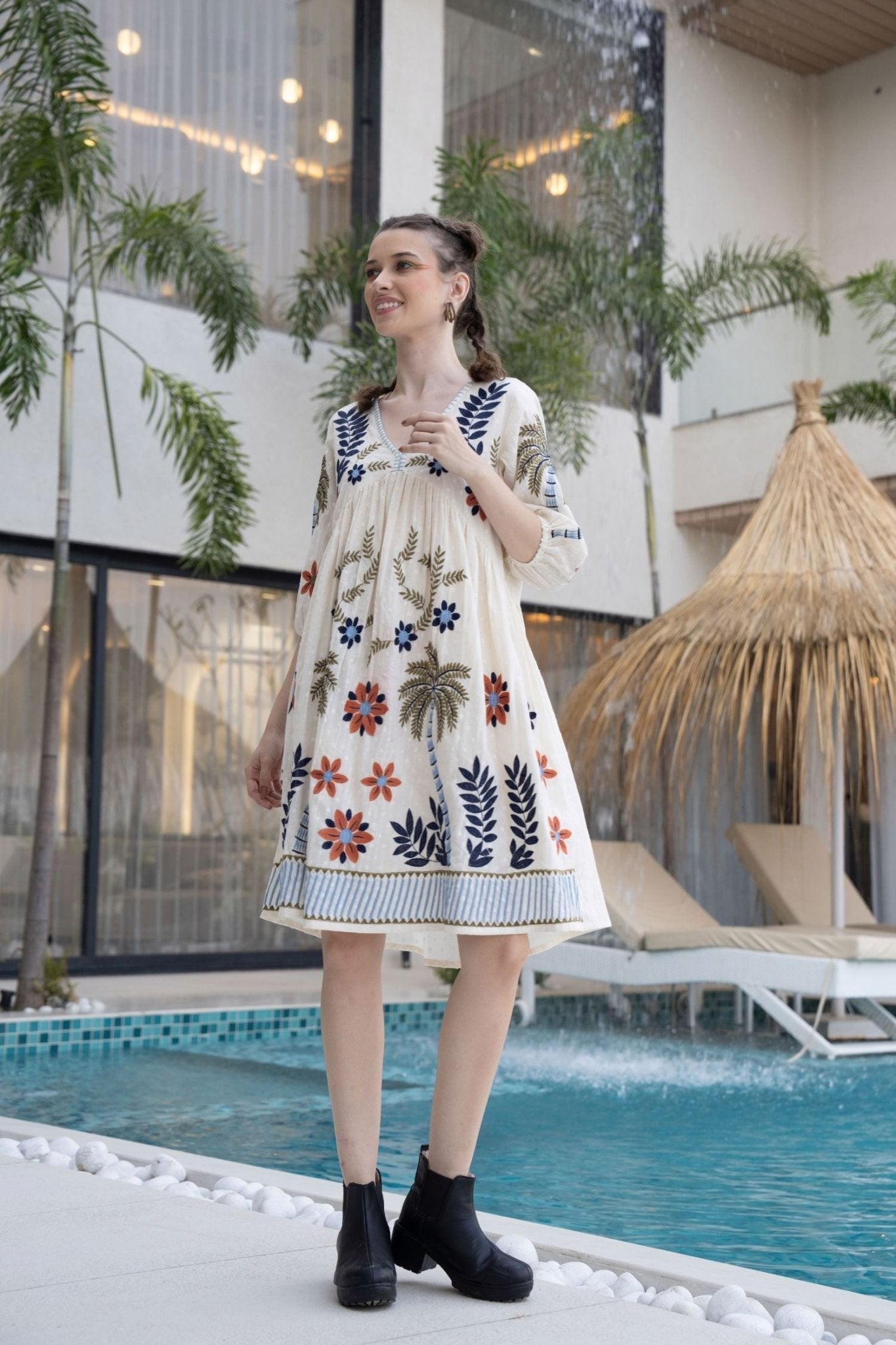 Cream Tunic with Beautiful Floral Thread Work - Freyaa USA & Canada