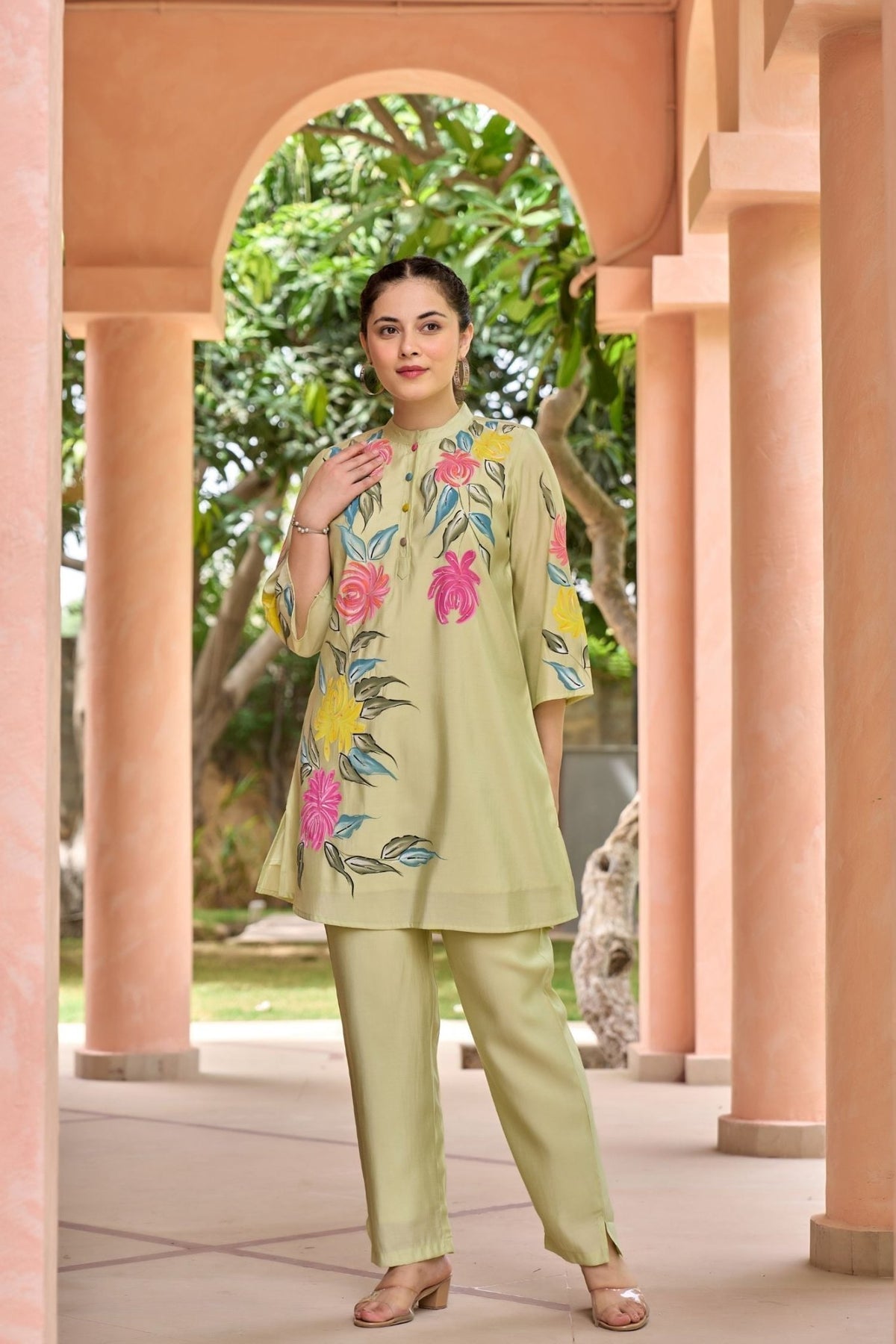Pista Green Cord Set with Floral Print Top and Solid Bottom - Freyaa USA & Canada