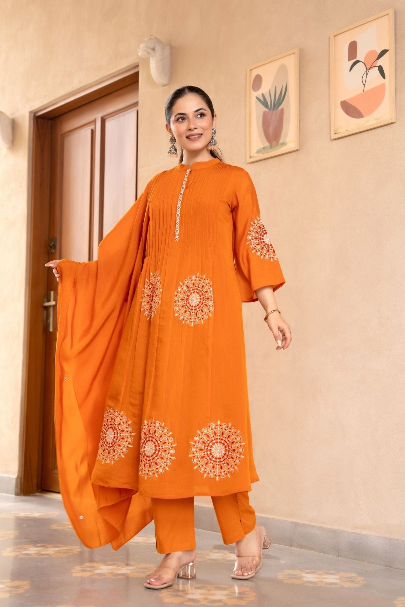 Cotton Three-Piece Ensemble with Elegant Neck Embroidery and Bold Circle Motif - Freyaa USA & Canada