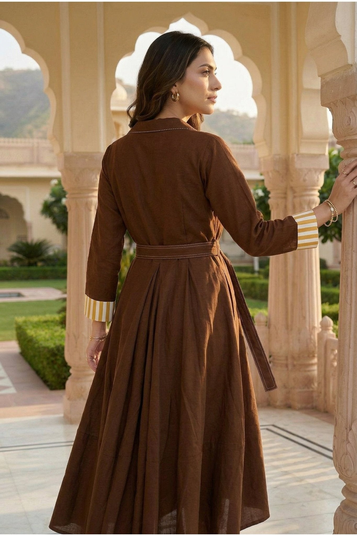 Brown Solid Long Dress with Belt - Freyaa USA & Canada