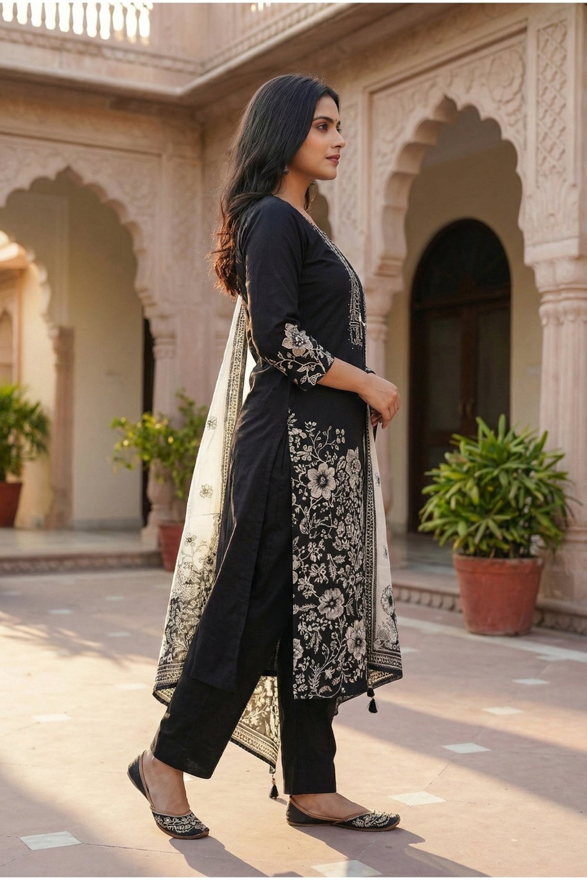 Black Cotton Three-Piece Suit Set with Elegant Ethnic Design - Freyaa USA & Canada