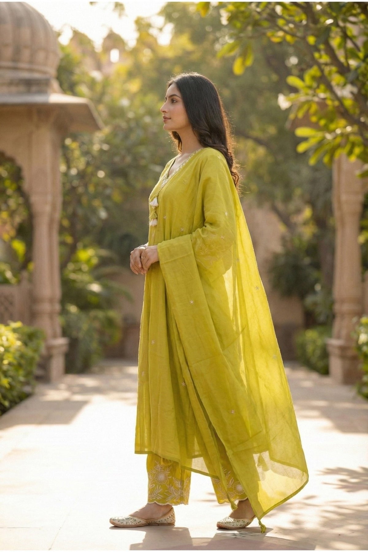 Mustard Embroidered Buti Kurta Set with Floral Placement Work & Tassel Neck Detail - Freyaa USA & Canada
