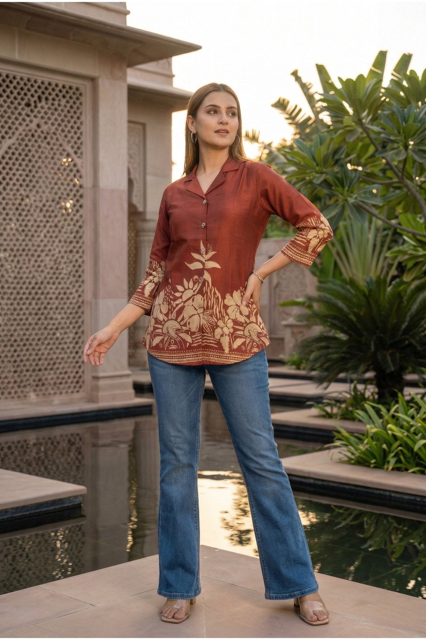 Rust Top with Contemporary Digital Print - Freyaa USA & Canada